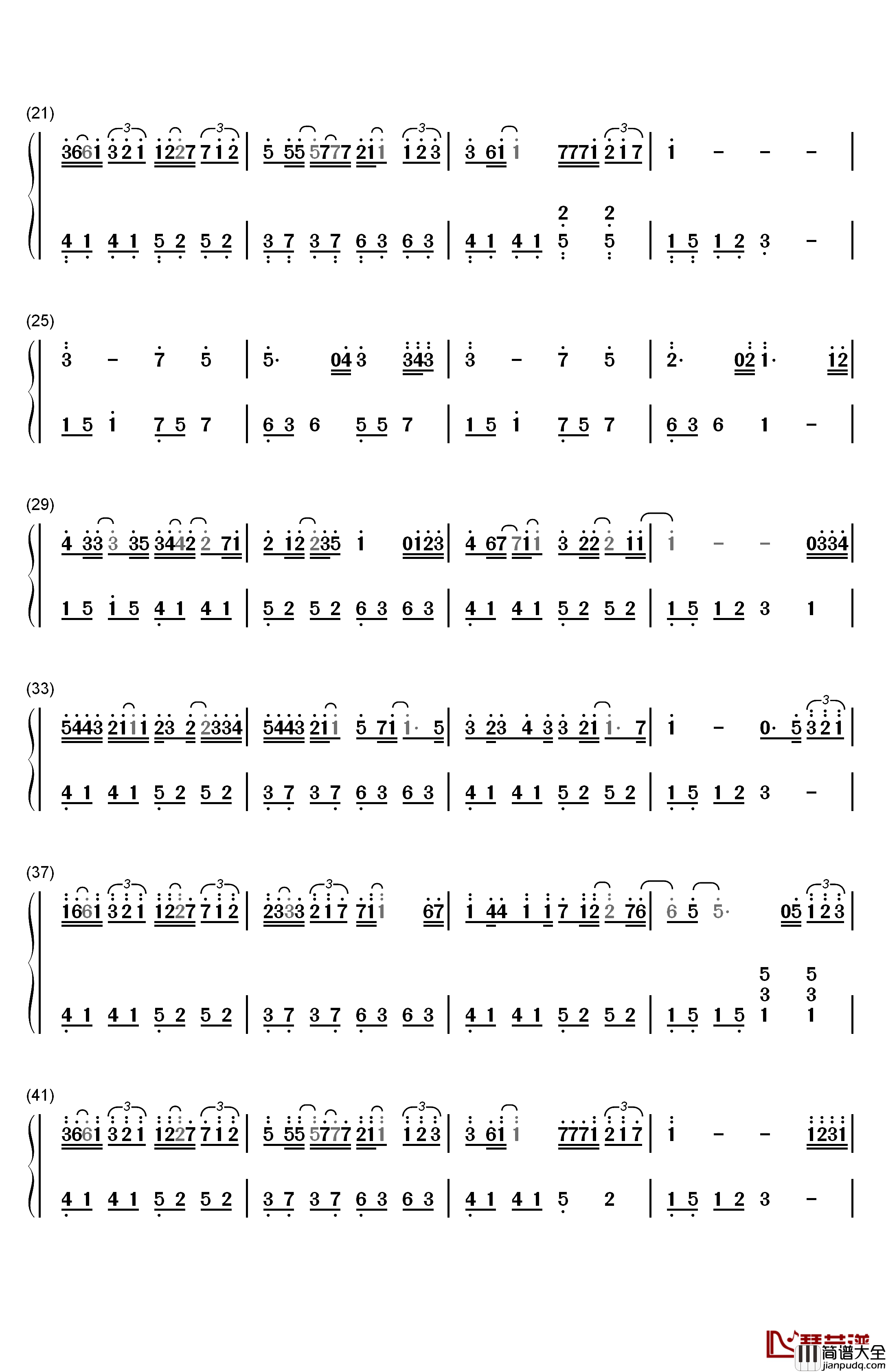 晚安钢琴简谱_数字双手_颜人中