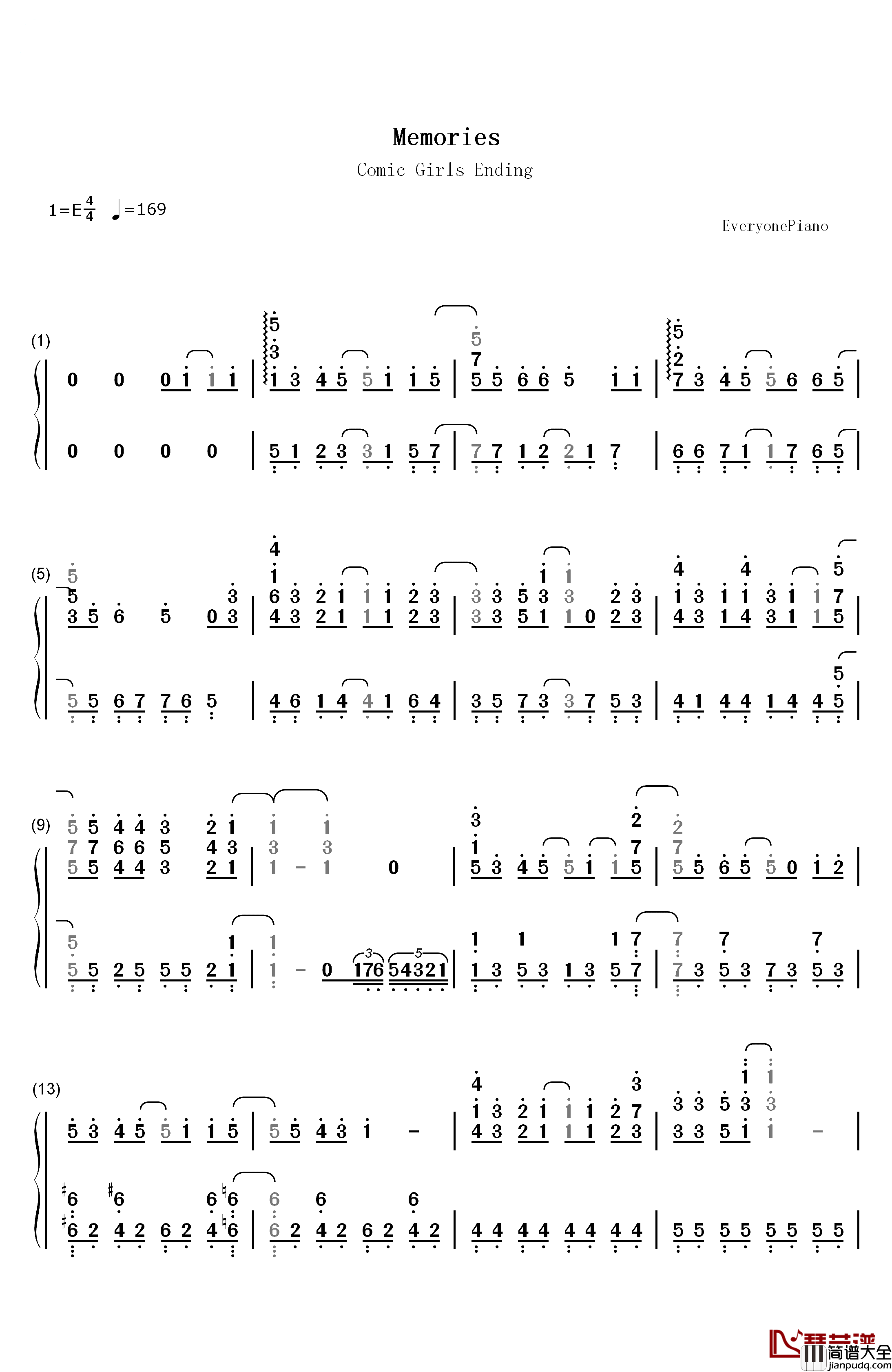 Memories钢琴简谱_数字双手_Comic_Girls