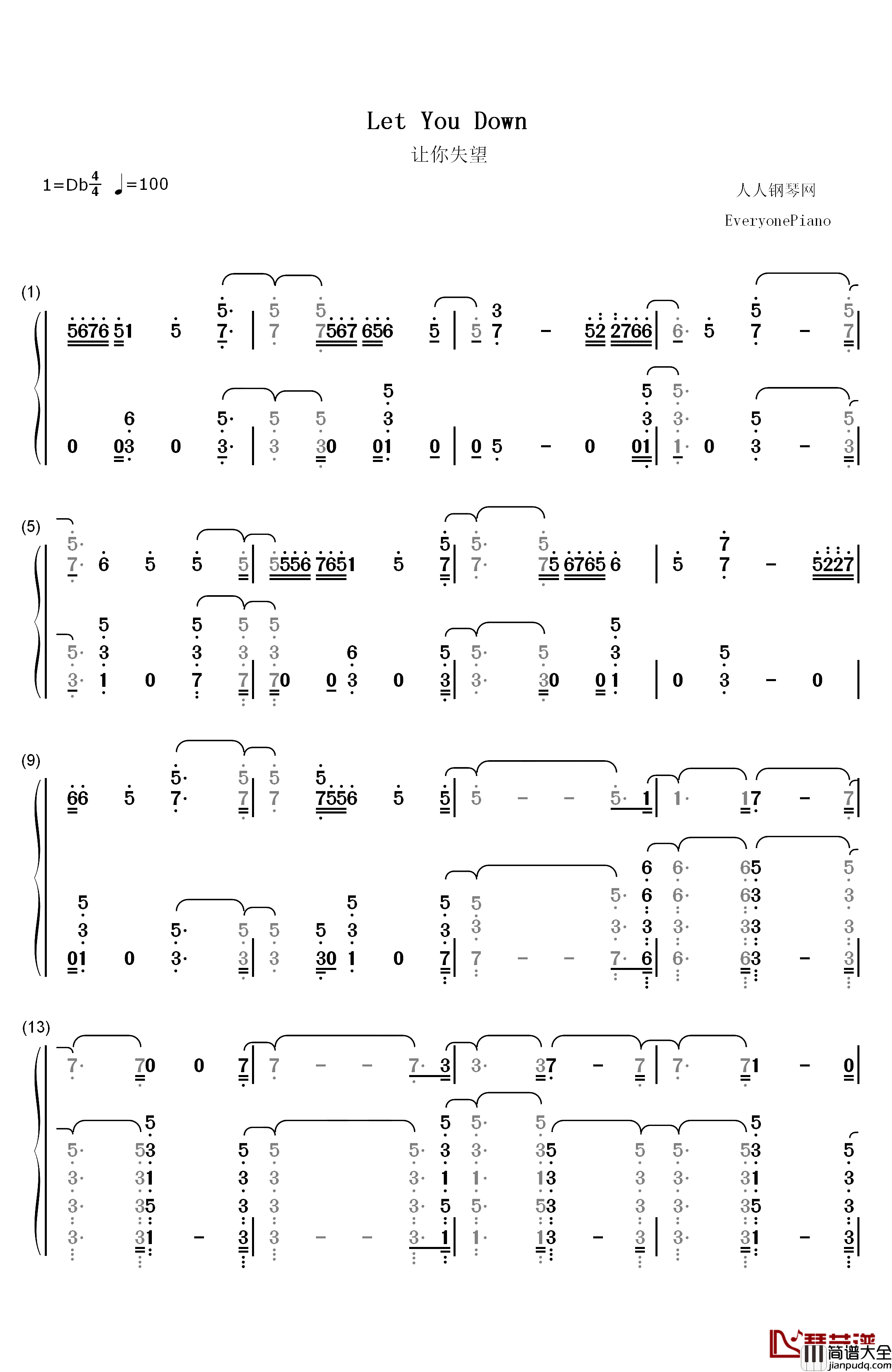 Let_You_Down钢琴简谱_数字双手_NF