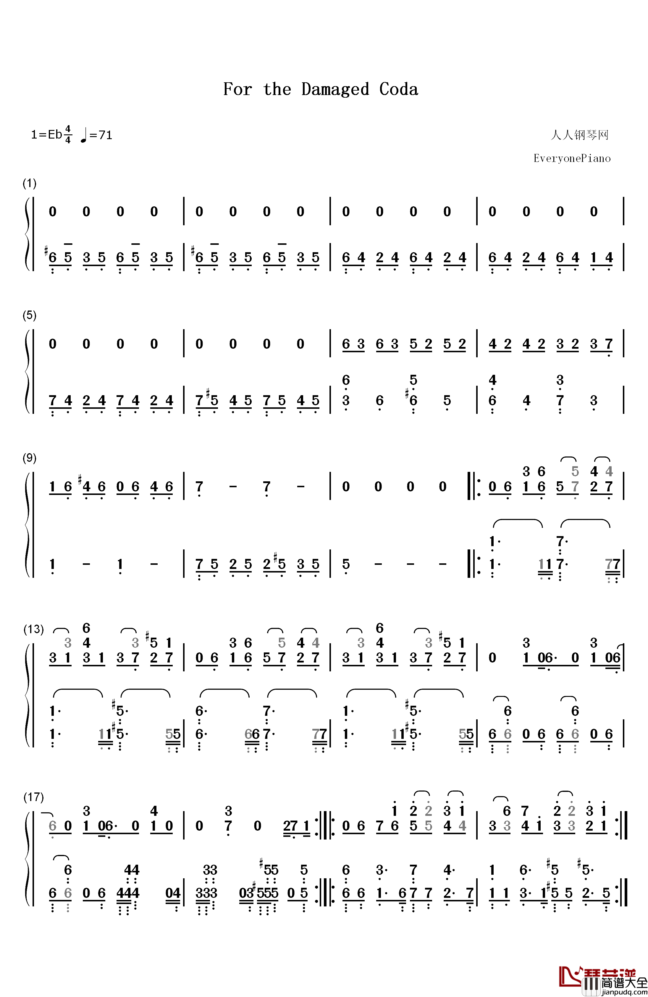 For_the_Damaged_Coda钢琴简谱_数字双手_Blonde_Redhead