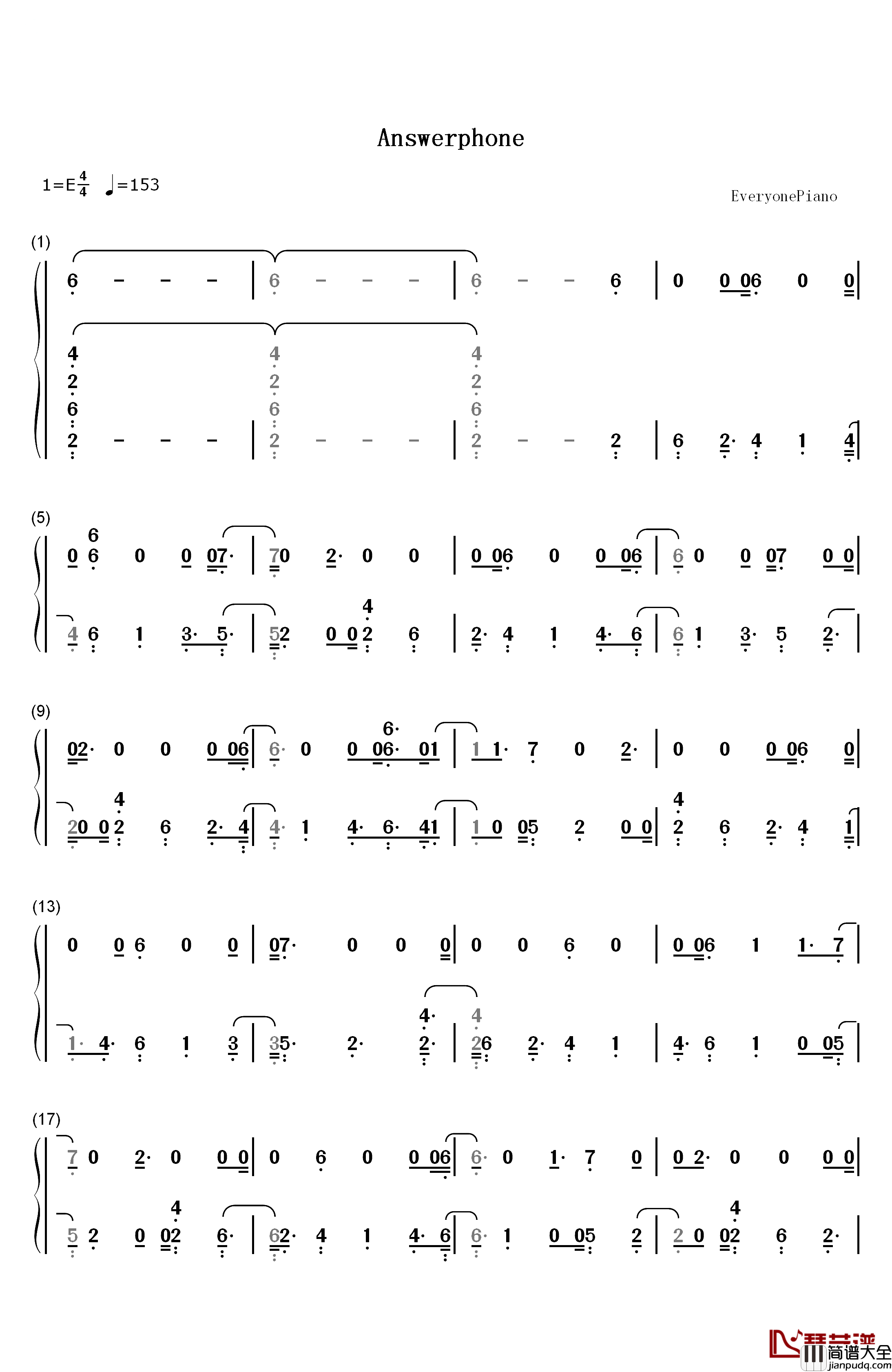 Answerphone钢琴简谱_数字双手_Banx_&_Ranx_Ella_Eyre_Yxng_Bane
