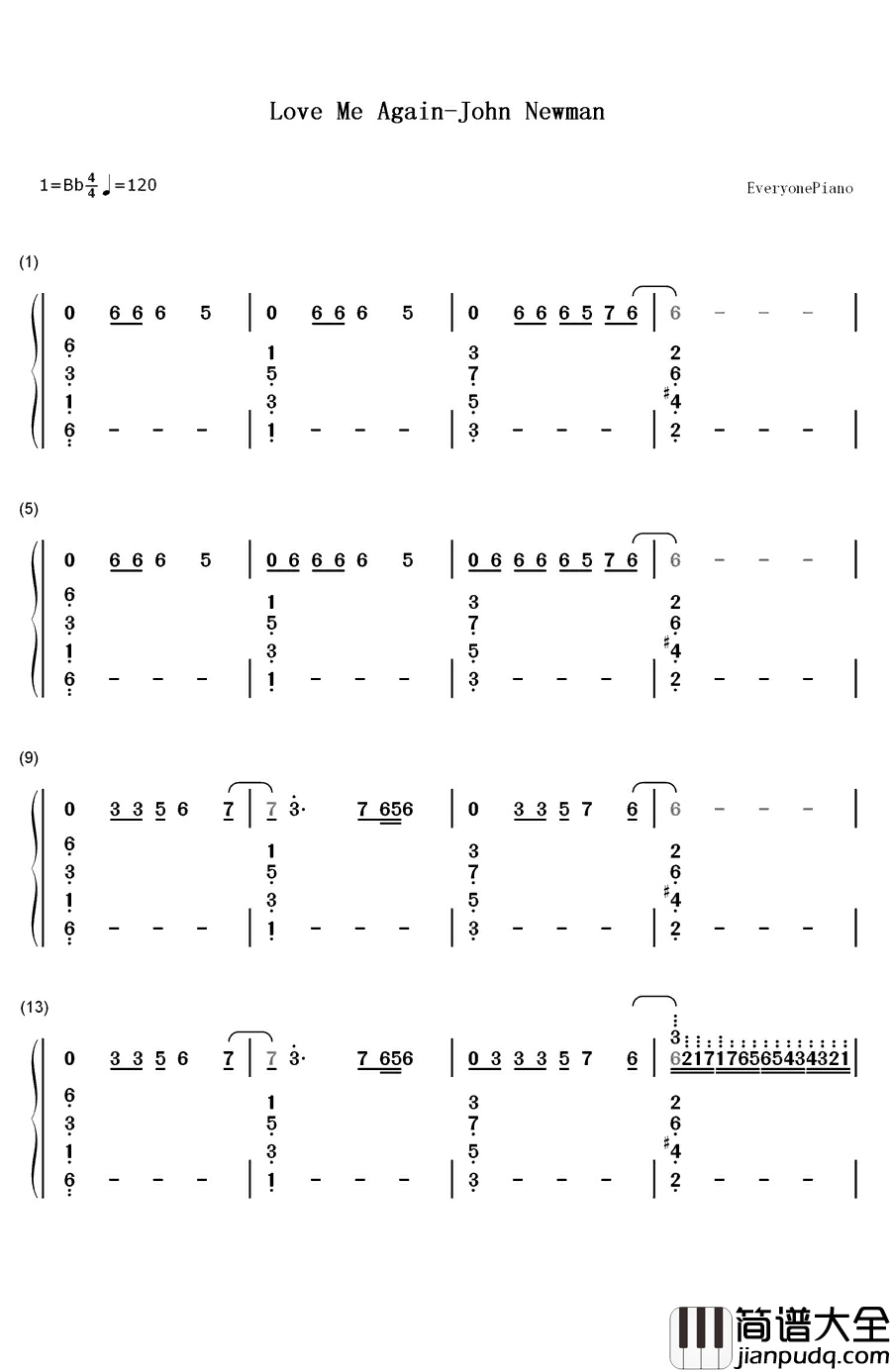 Love_Me_Again钢琴简谱_数字双手_John_Newman
