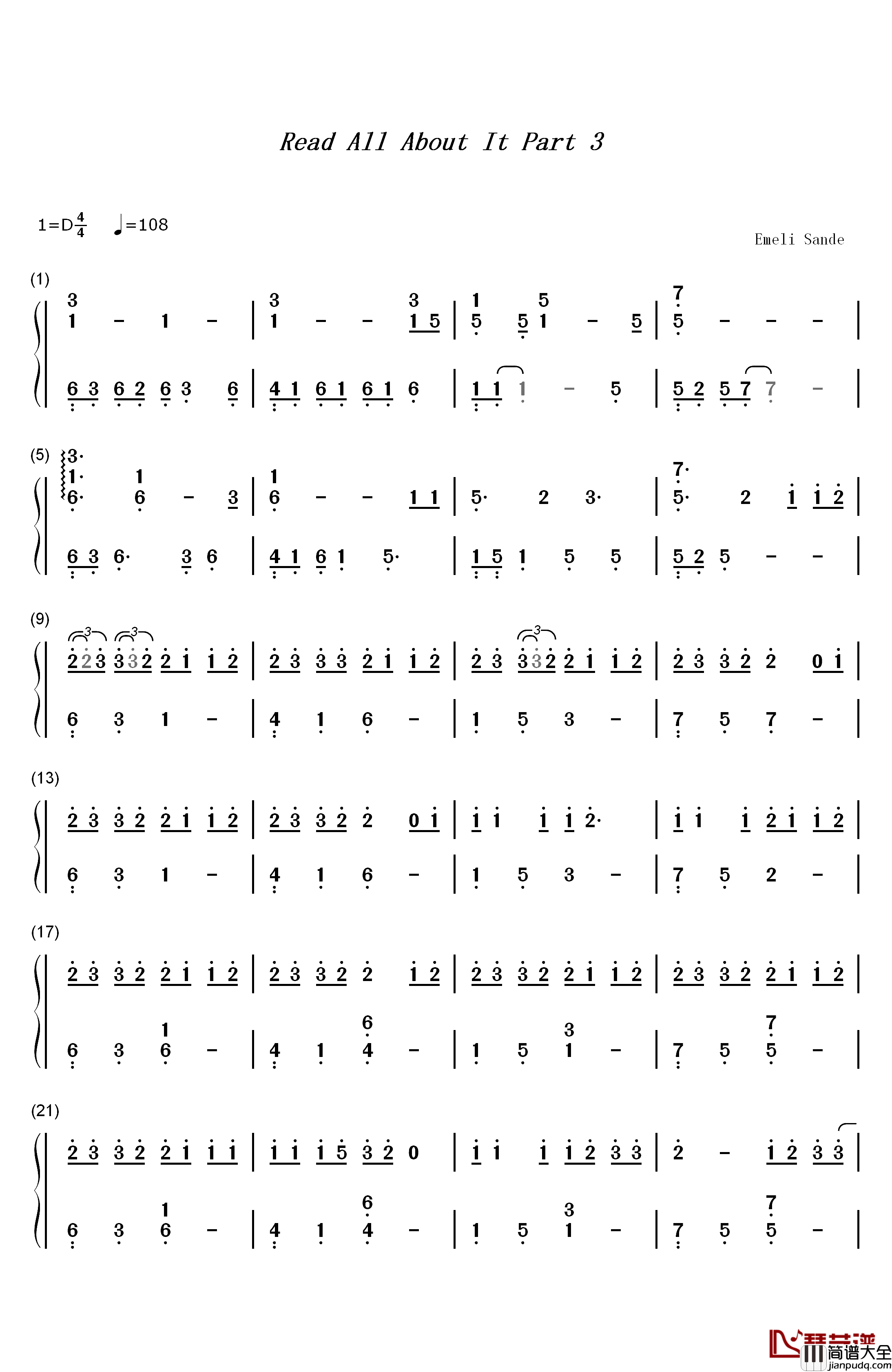 Read_All_About_It钢琴简谱_数字双手_Emeli_Sande