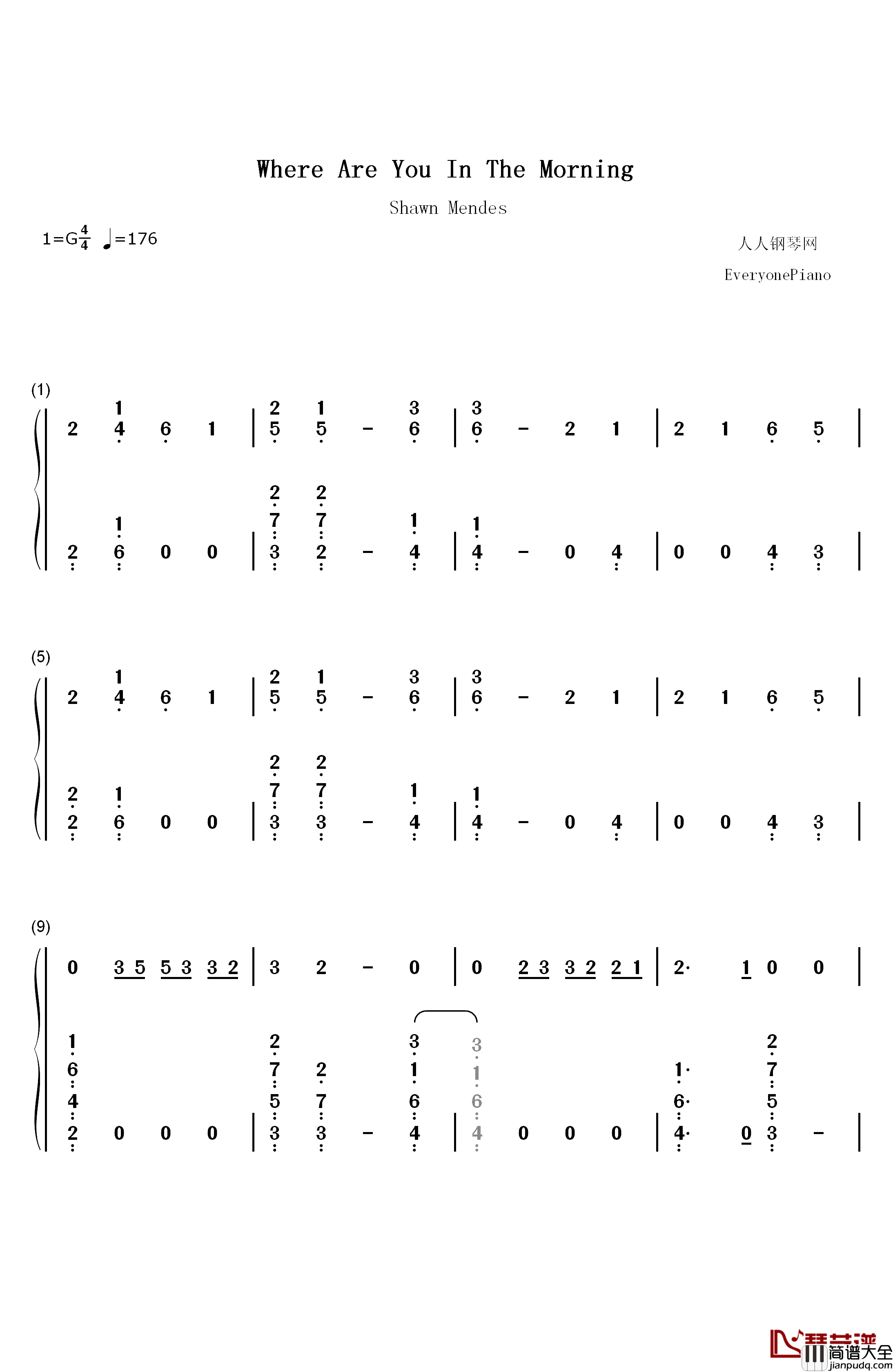 Where_Were_You_in_the_Morning钢琴简谱_数字双手_Shawn_Mendes