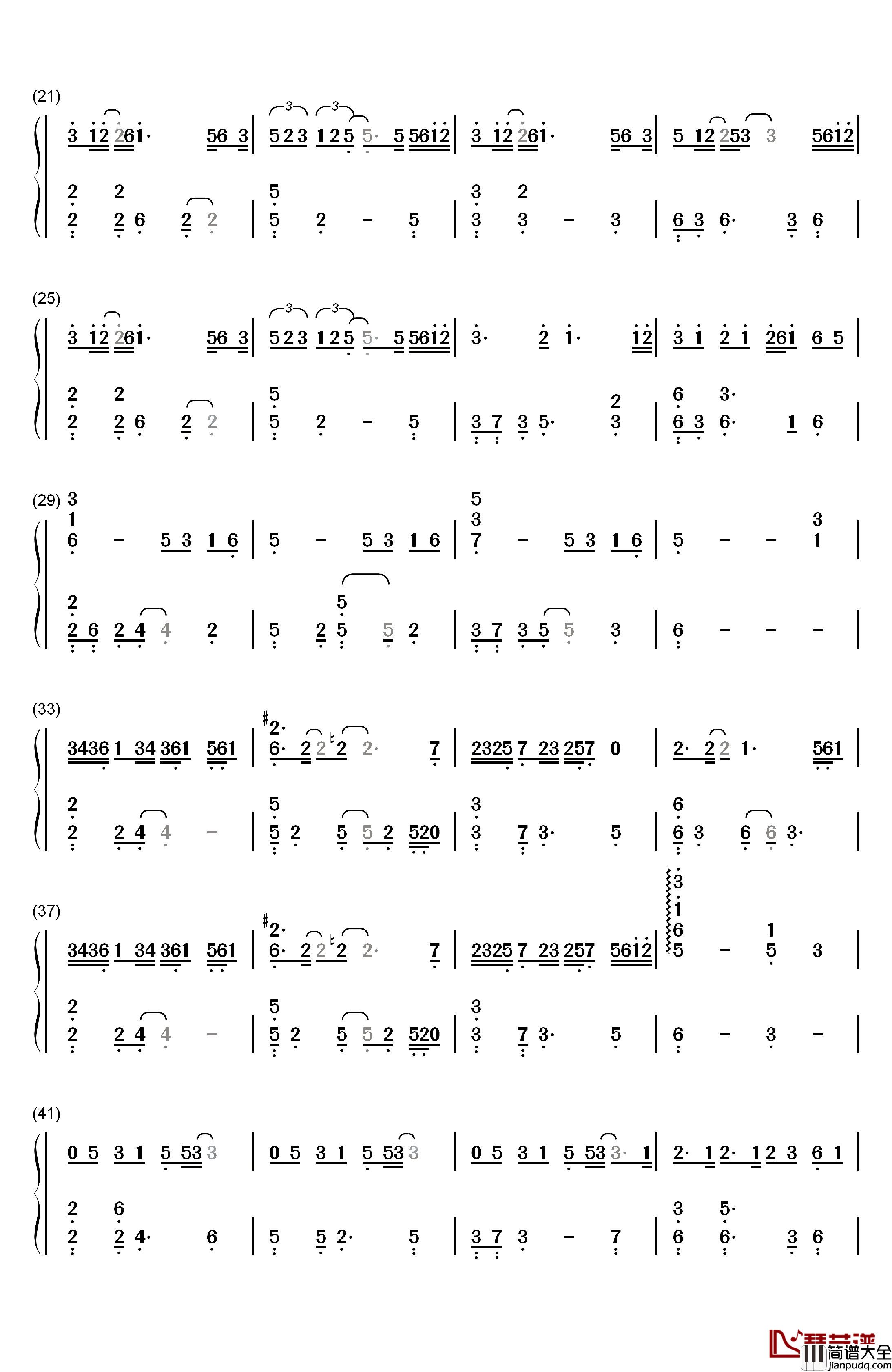 边走边爱钢琴简谱_数字双手_冯提莫