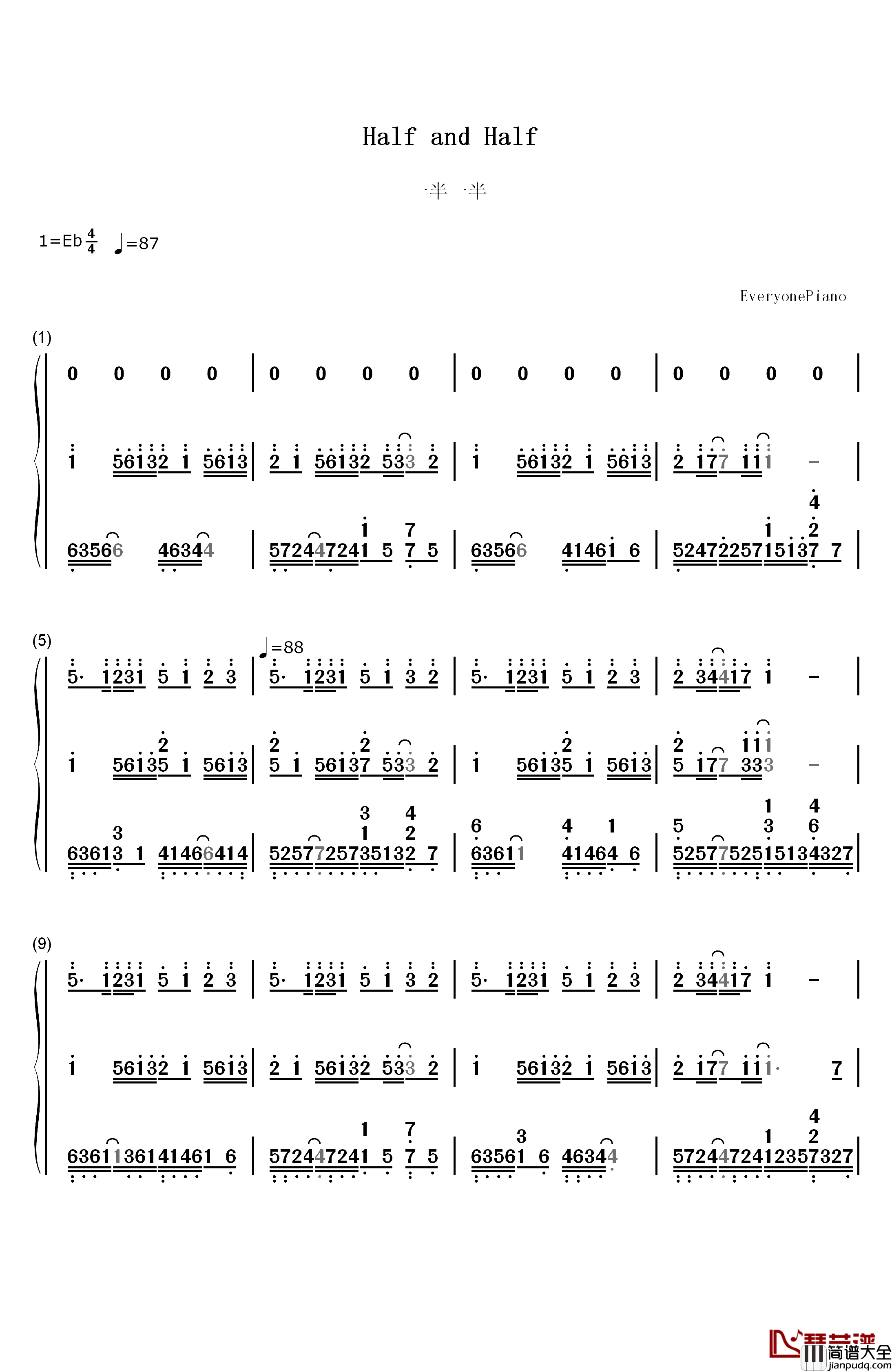 一半一半钢琴简谱_数字双手_洛天依