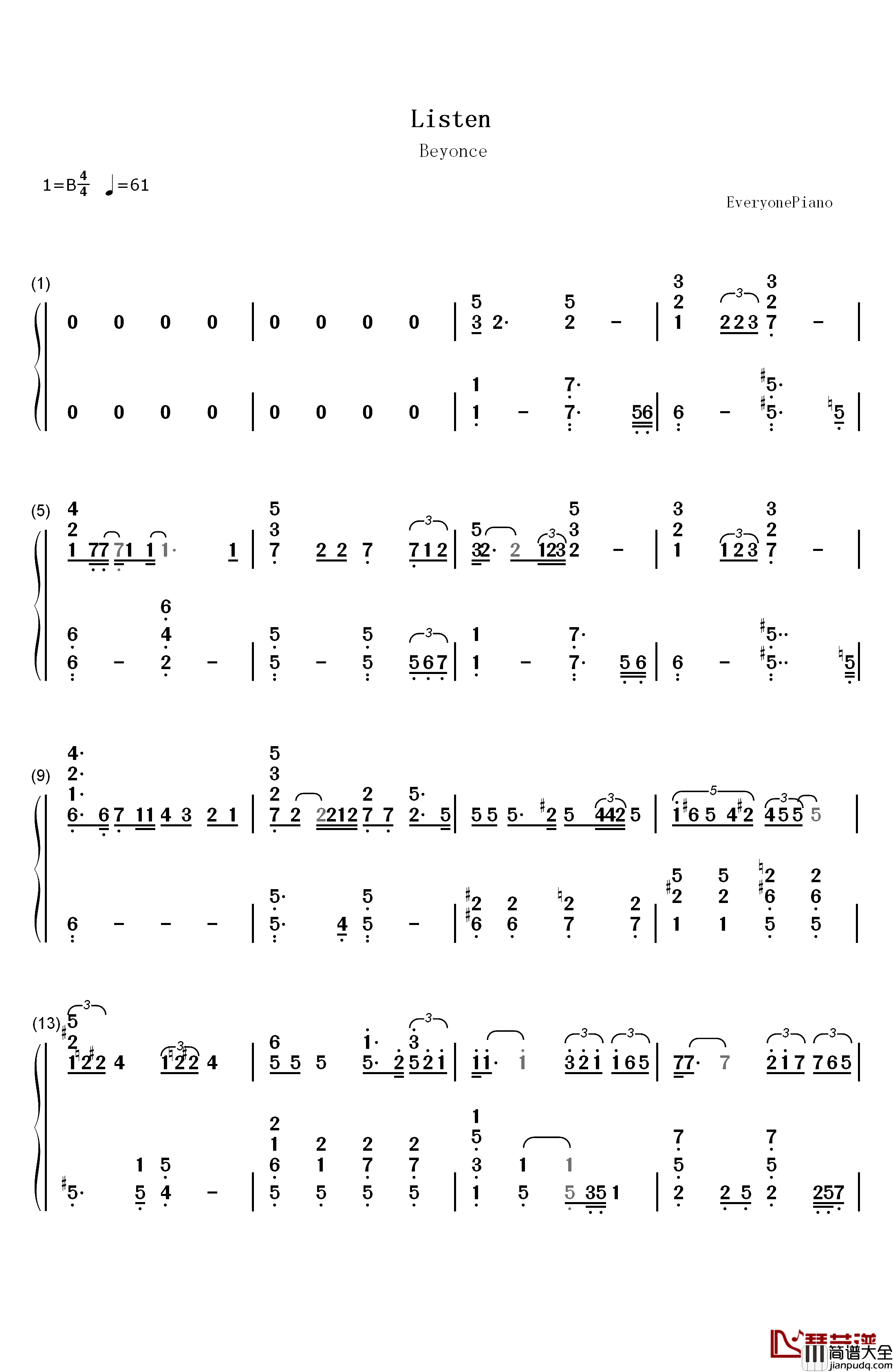 Listen钢琴简谱_数字双手_Beyonce