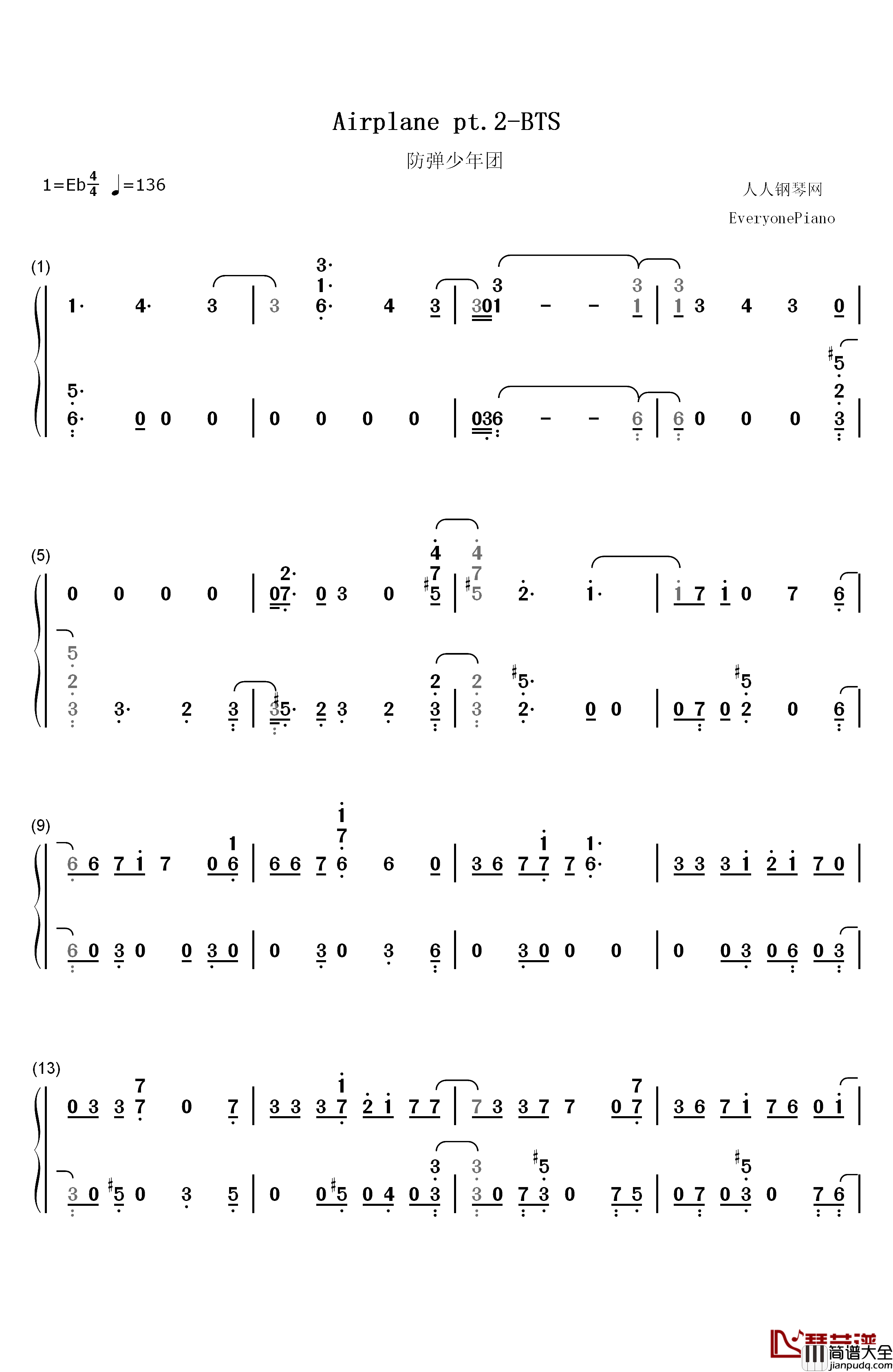 Airplane_pt._2钢琴简谱_数字双手_防弹少年团