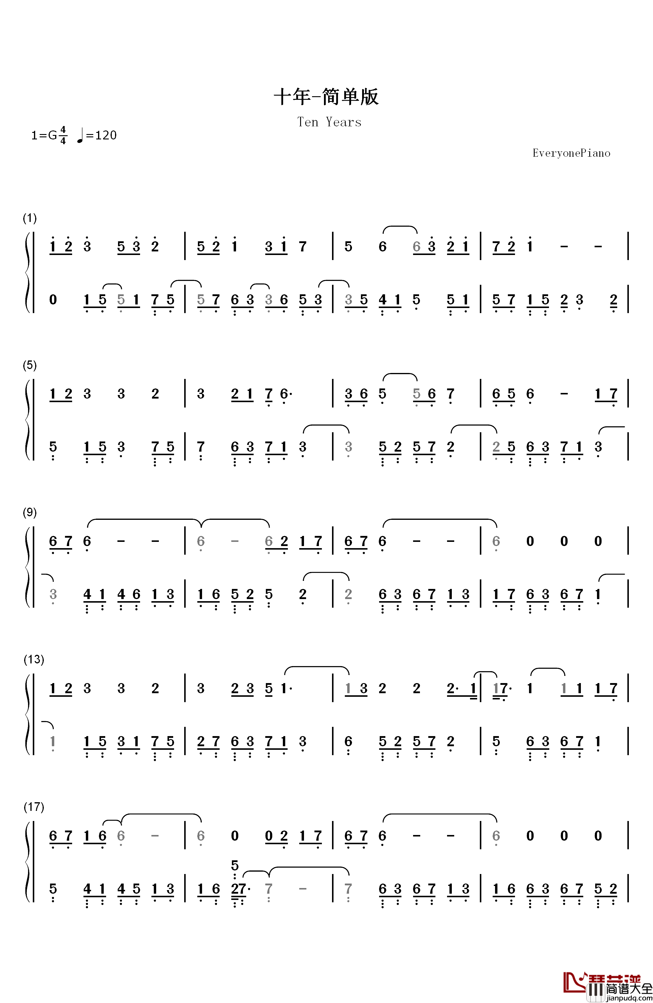 十年钢琴简谱_数字双手_陈奕迅