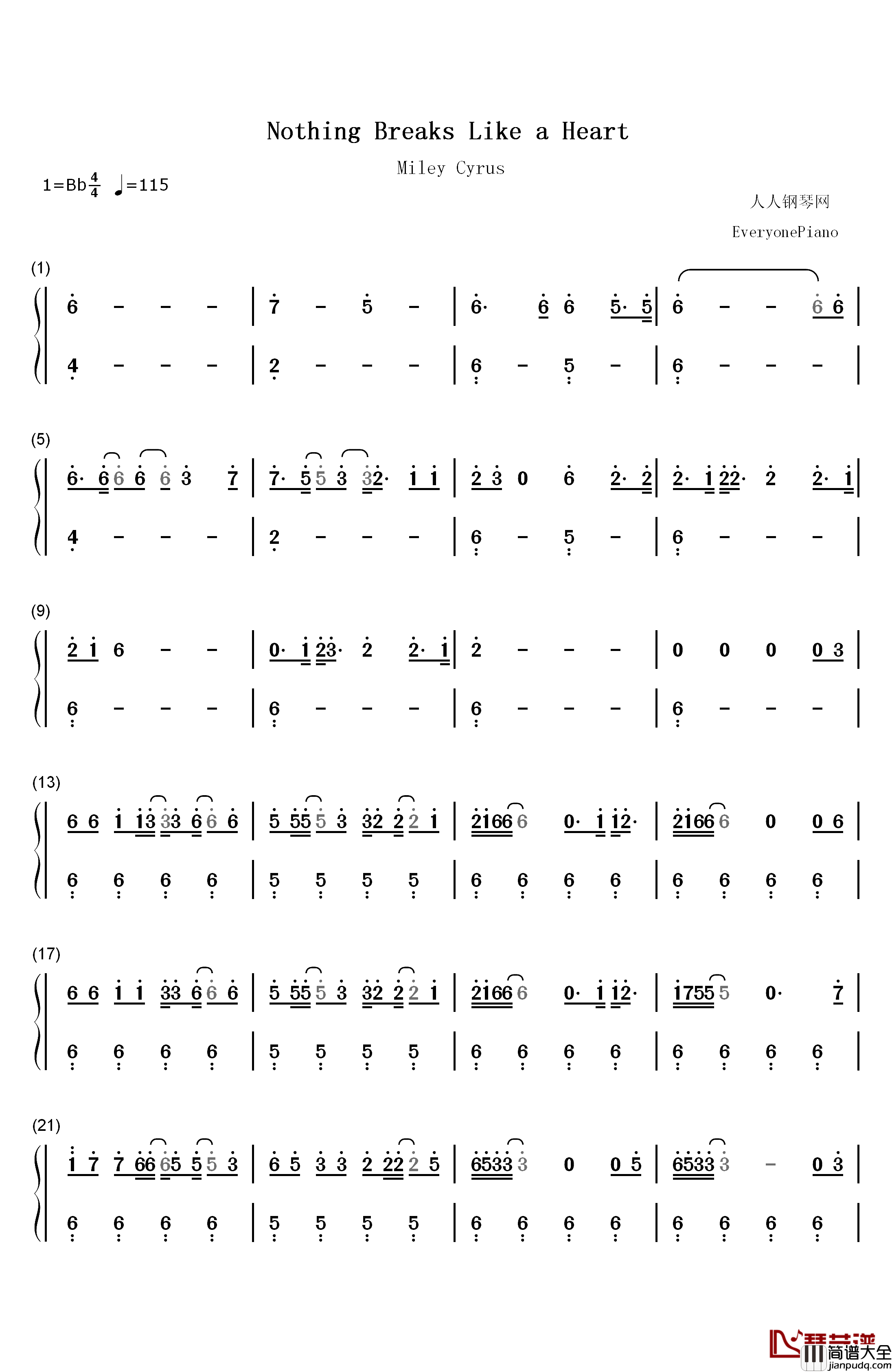 Nothing_Breaks_Like_a_Heart钢琴简谱_数字双手_Mark_Ronson_Miley_Cyrus