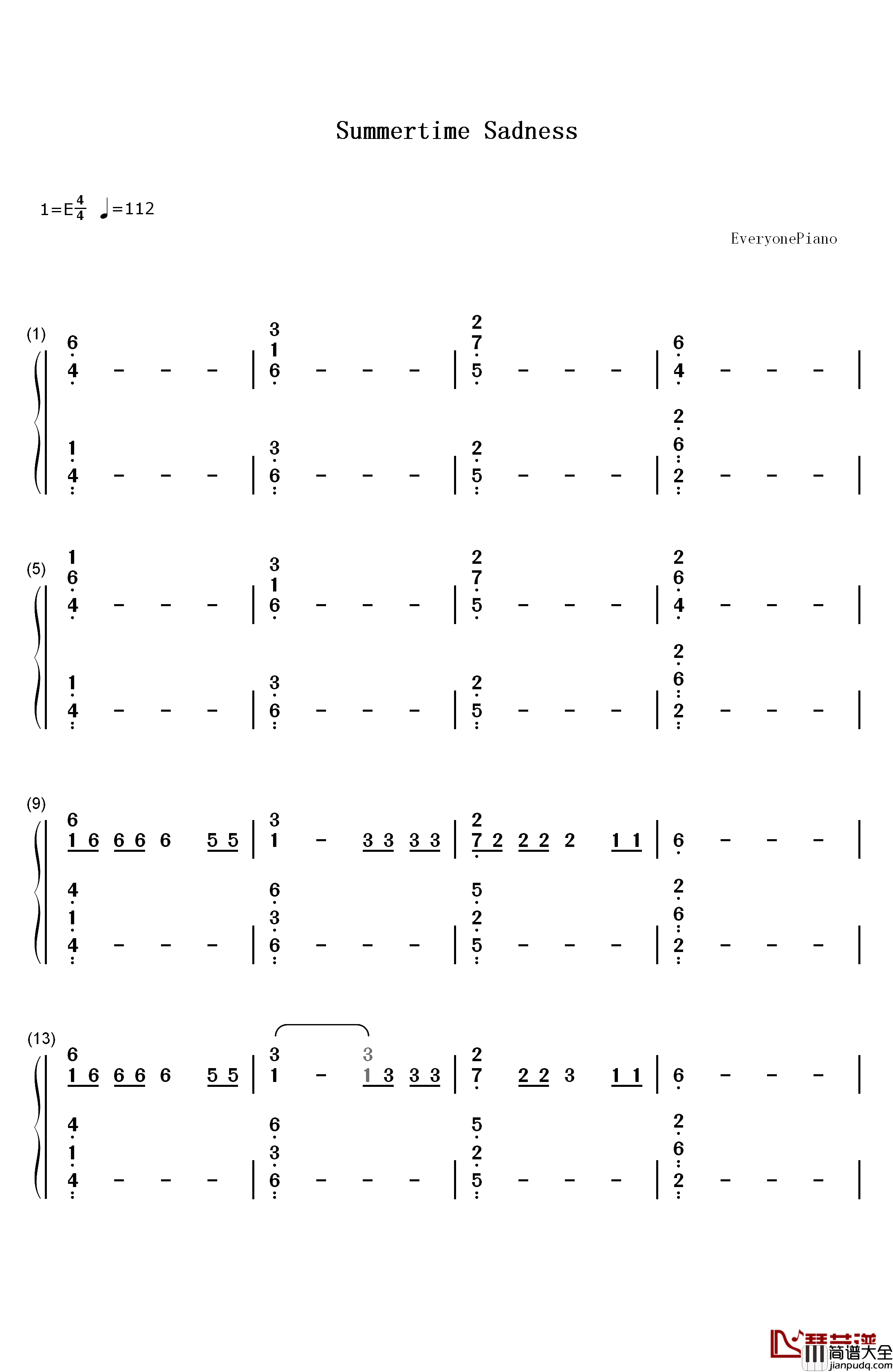 Summertime_Sadness（夏日忧郁）钢琴简谱_数字双手_Lana_Del_Rey