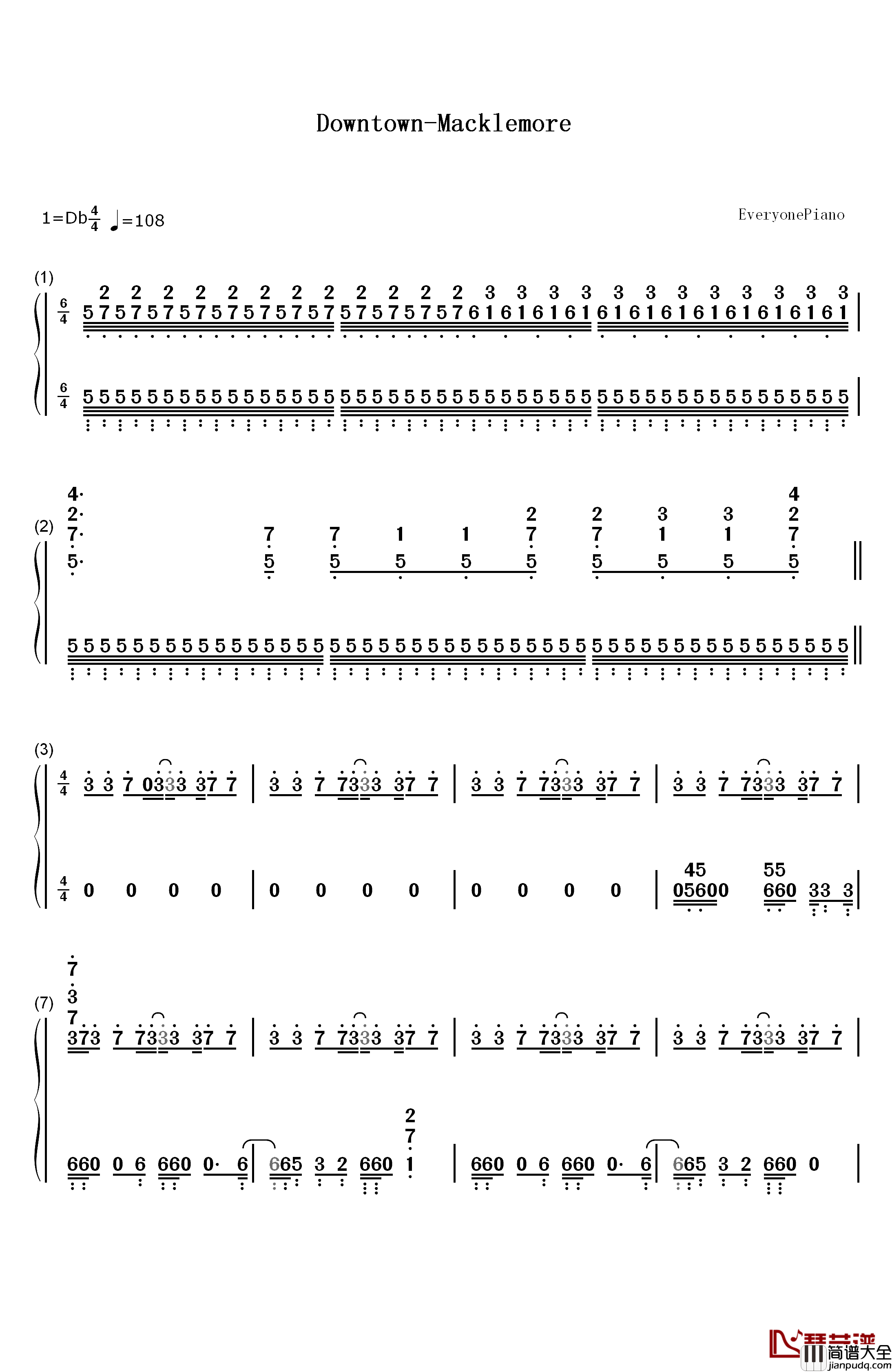 Downtown钢琴简谱_数字双手_Macklemore_&_Ryan_Lewis