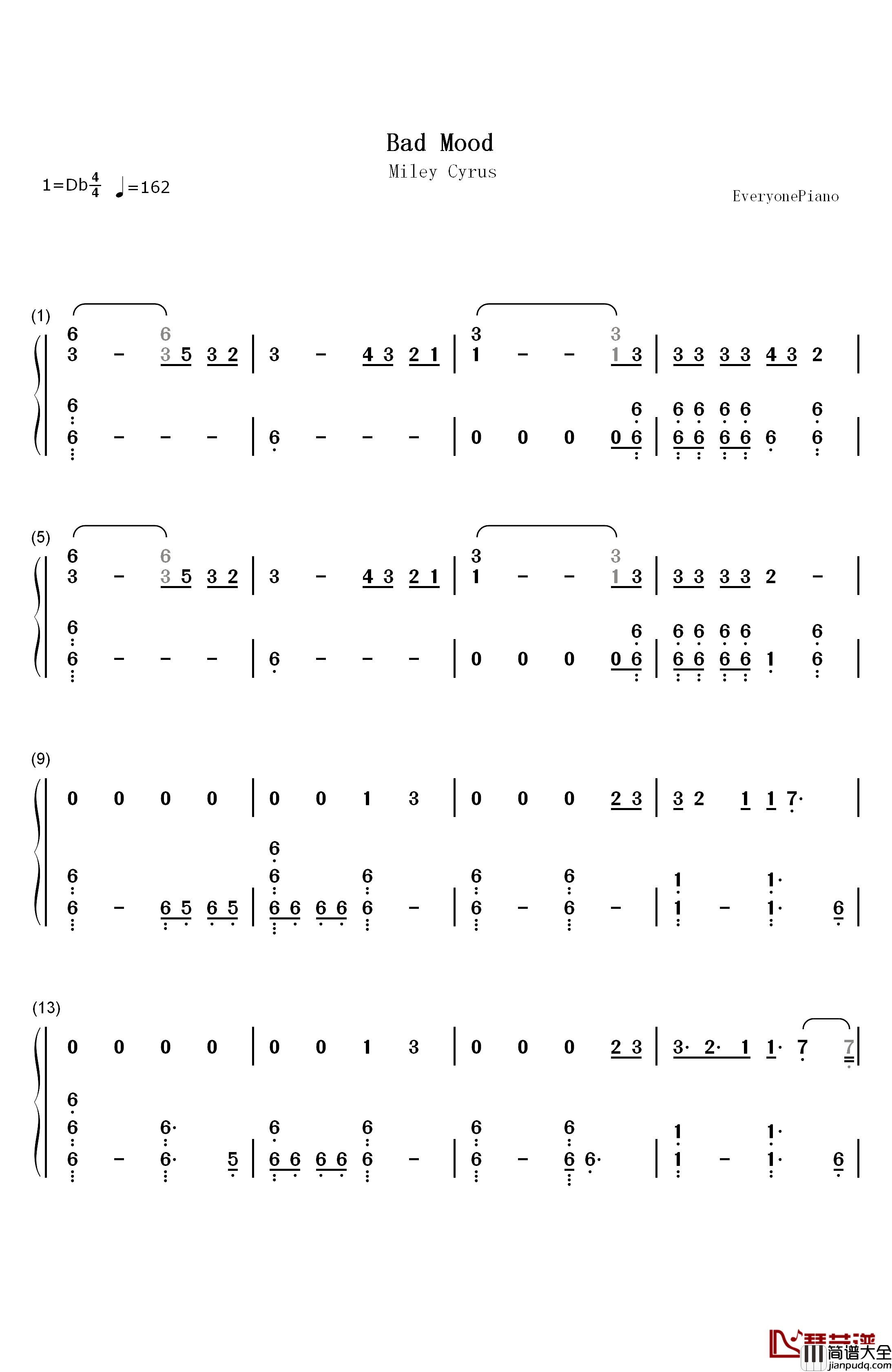 Bad_Mood钢琴简谱_数字双手_Miley_Cyrus