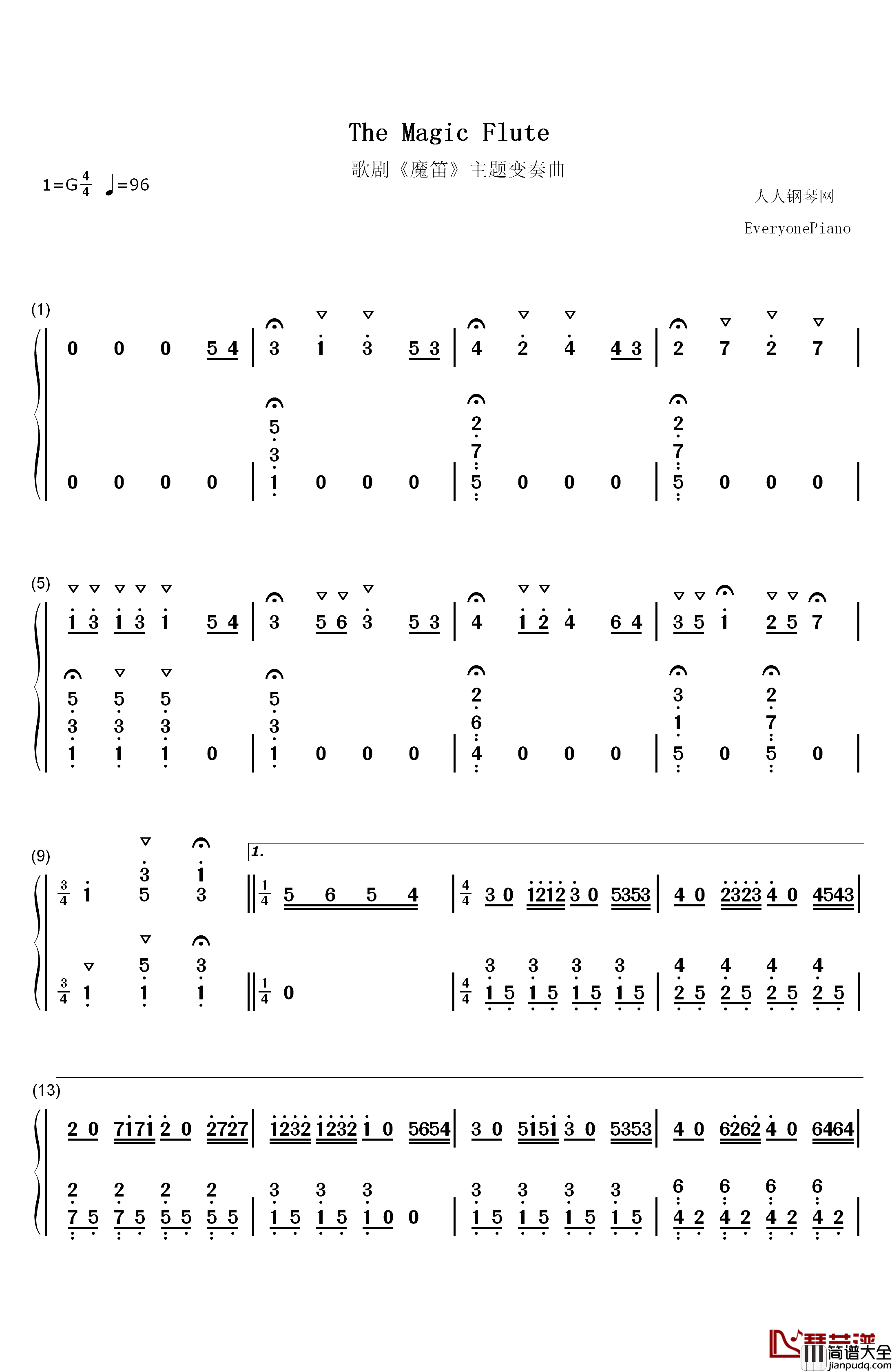 魔笛钢琴简谱_数字双手_莫扎特__Mozart