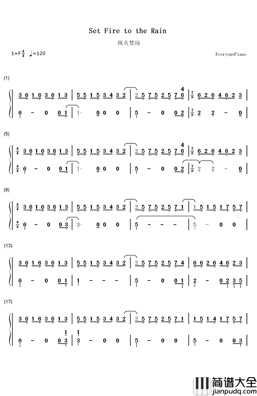 Adele_钢琴简谱_数字双手_Adele