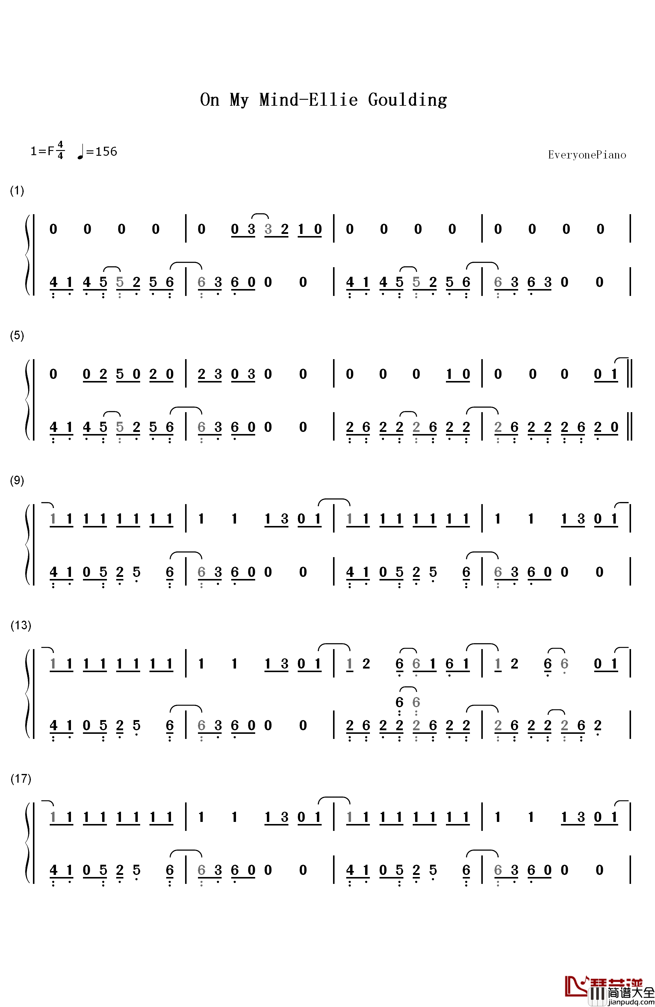 On_My_Mind钢琴简谱_数字双手_Ellie_Goulding