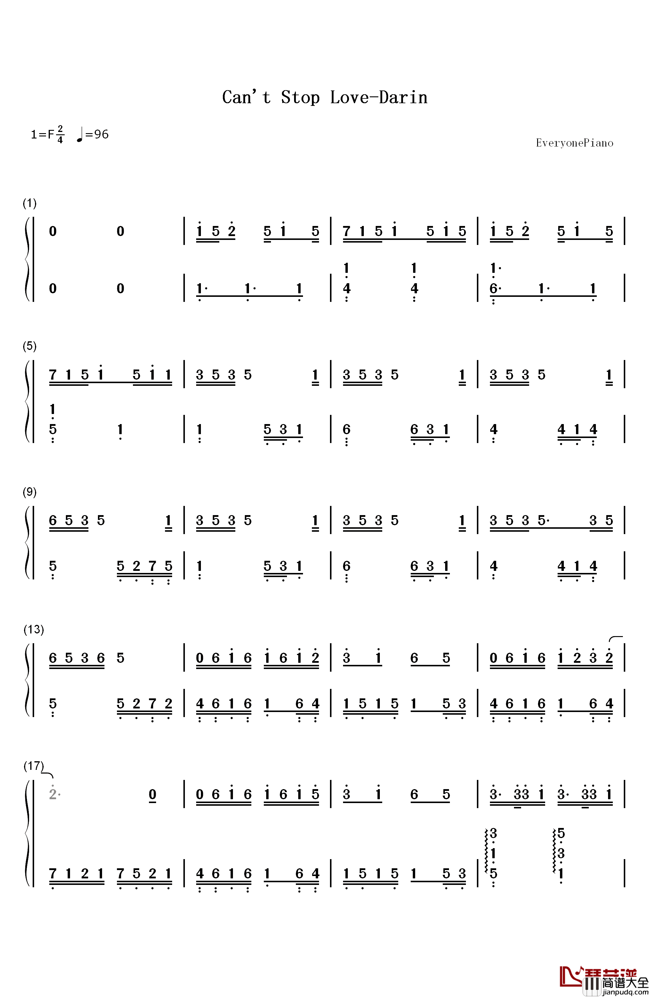 Can't_Stop_Love钢琴简谱_数字双手_Darin