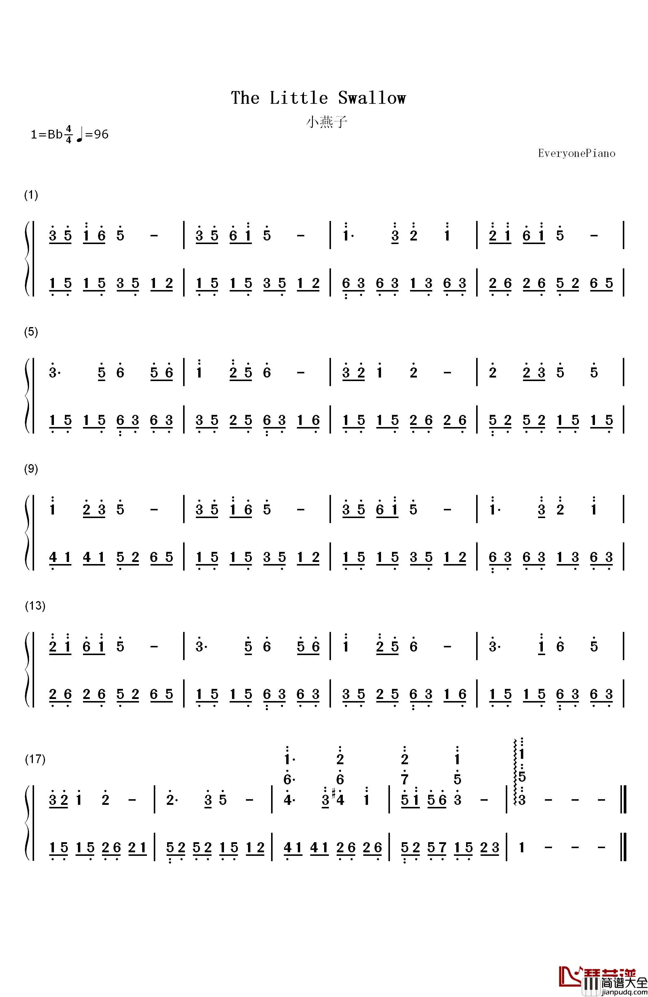 小燕子钢琴简谱_数字双手_王云阶