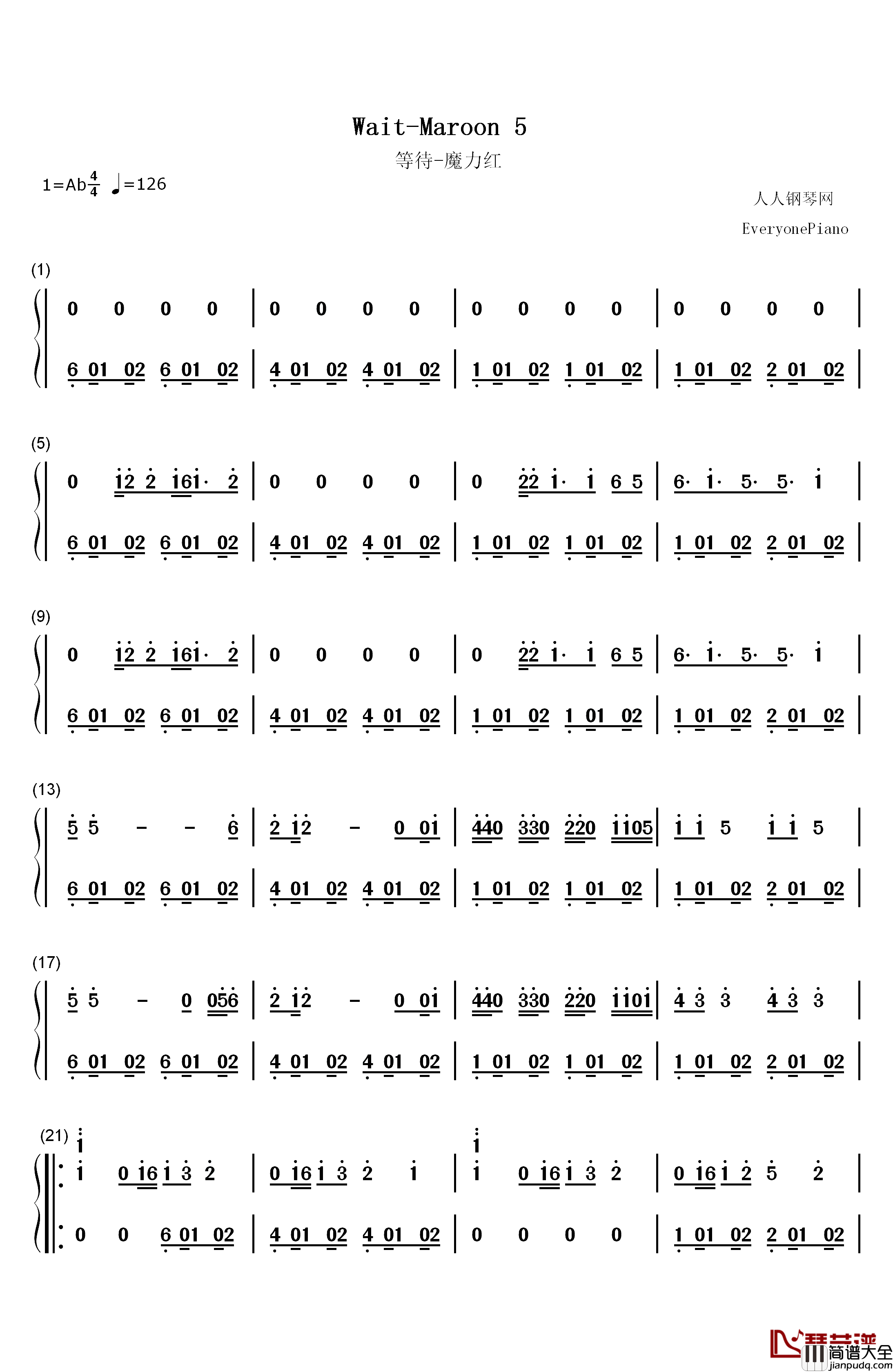 Wait钢琴简谱_数字双手_Maroon_5