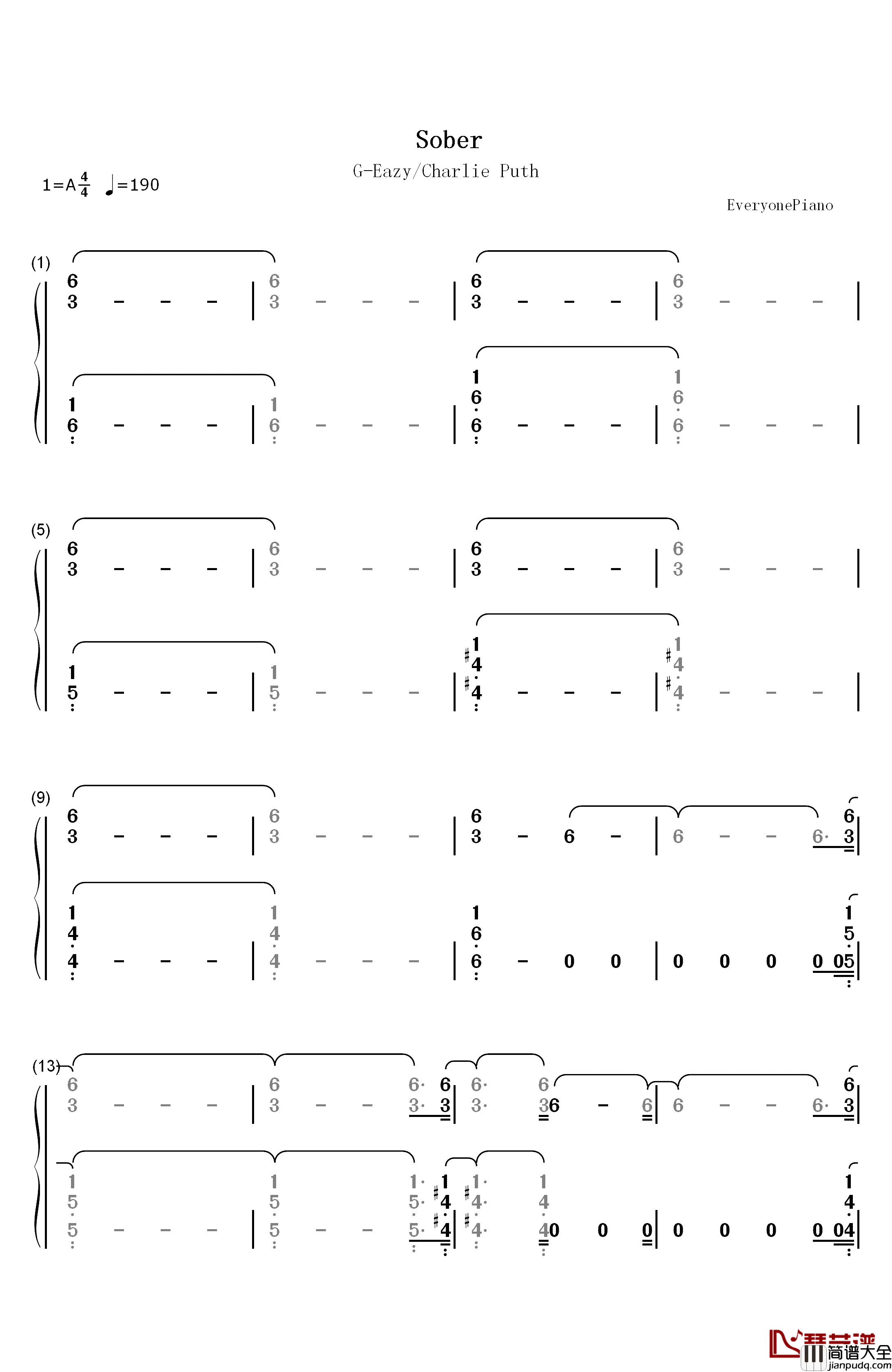 Sober钢琴简谱_数字双手_G_Eazy_Charlie_Puth