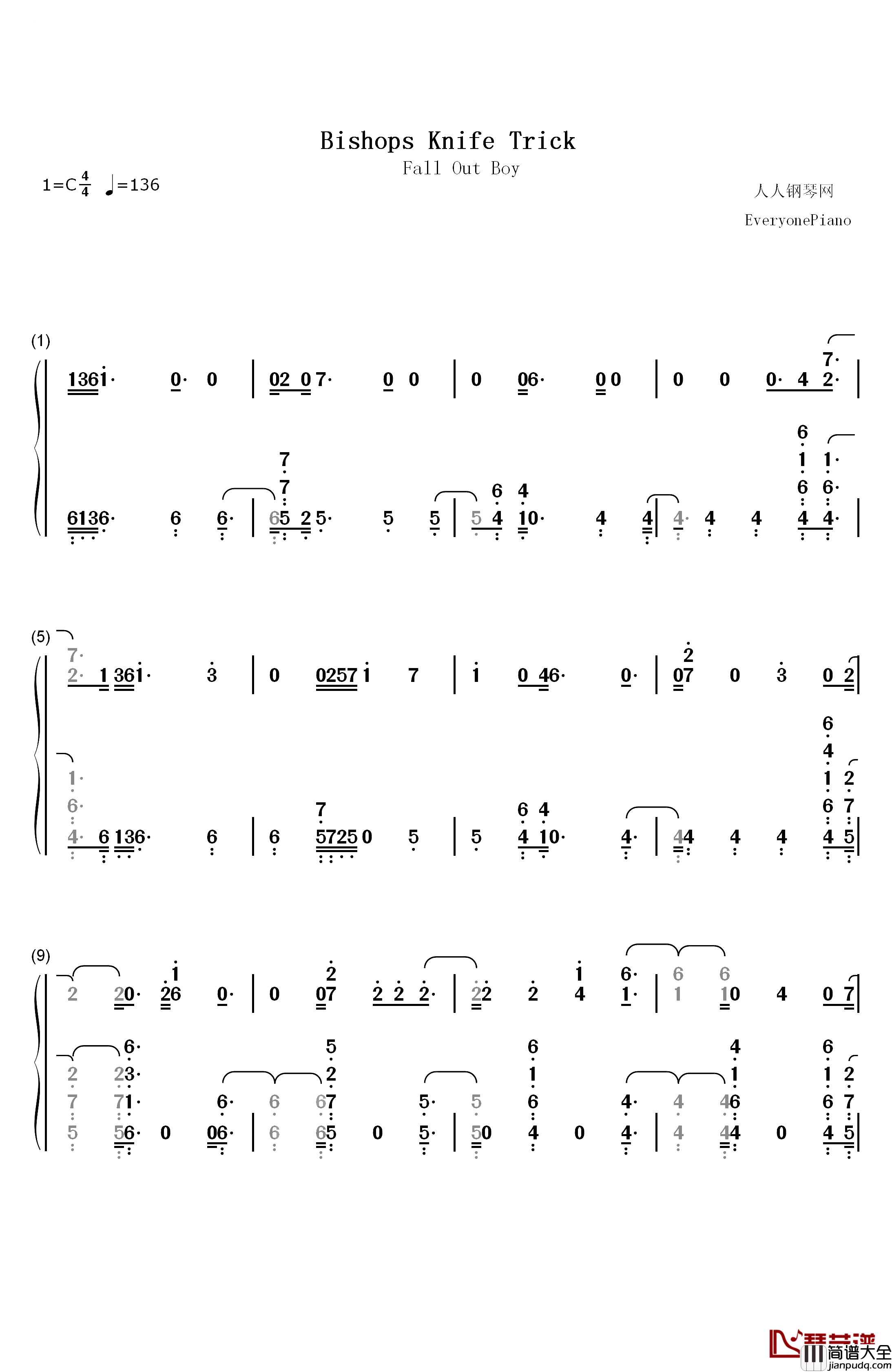 Bishops_Knife_Trick钢琴简谱_数字双手_Fall_Out_Boy