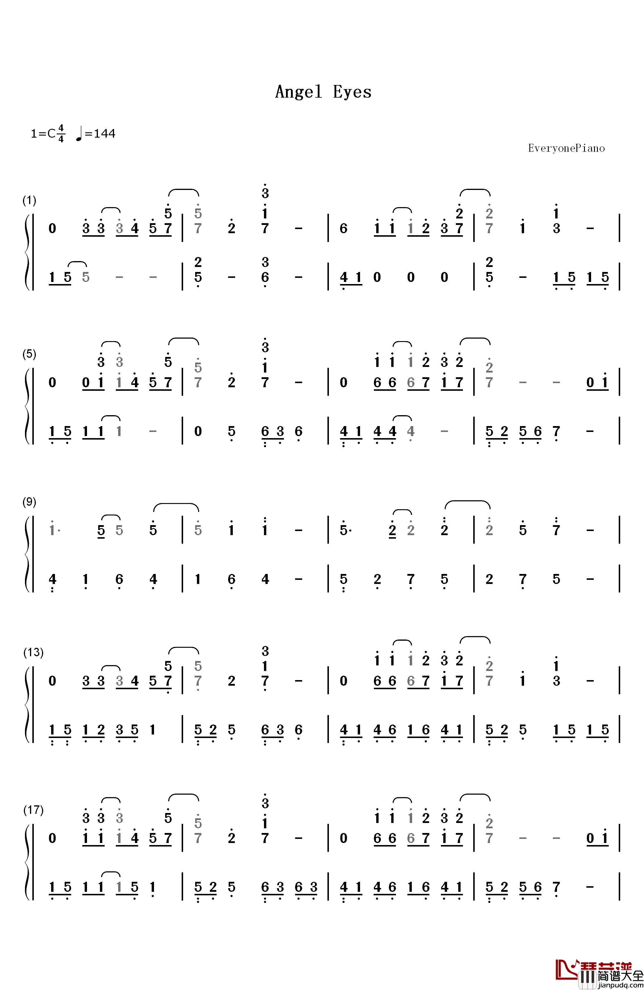 Angel_Eyes钢琴简谱_数字双手_Jim_Brickman