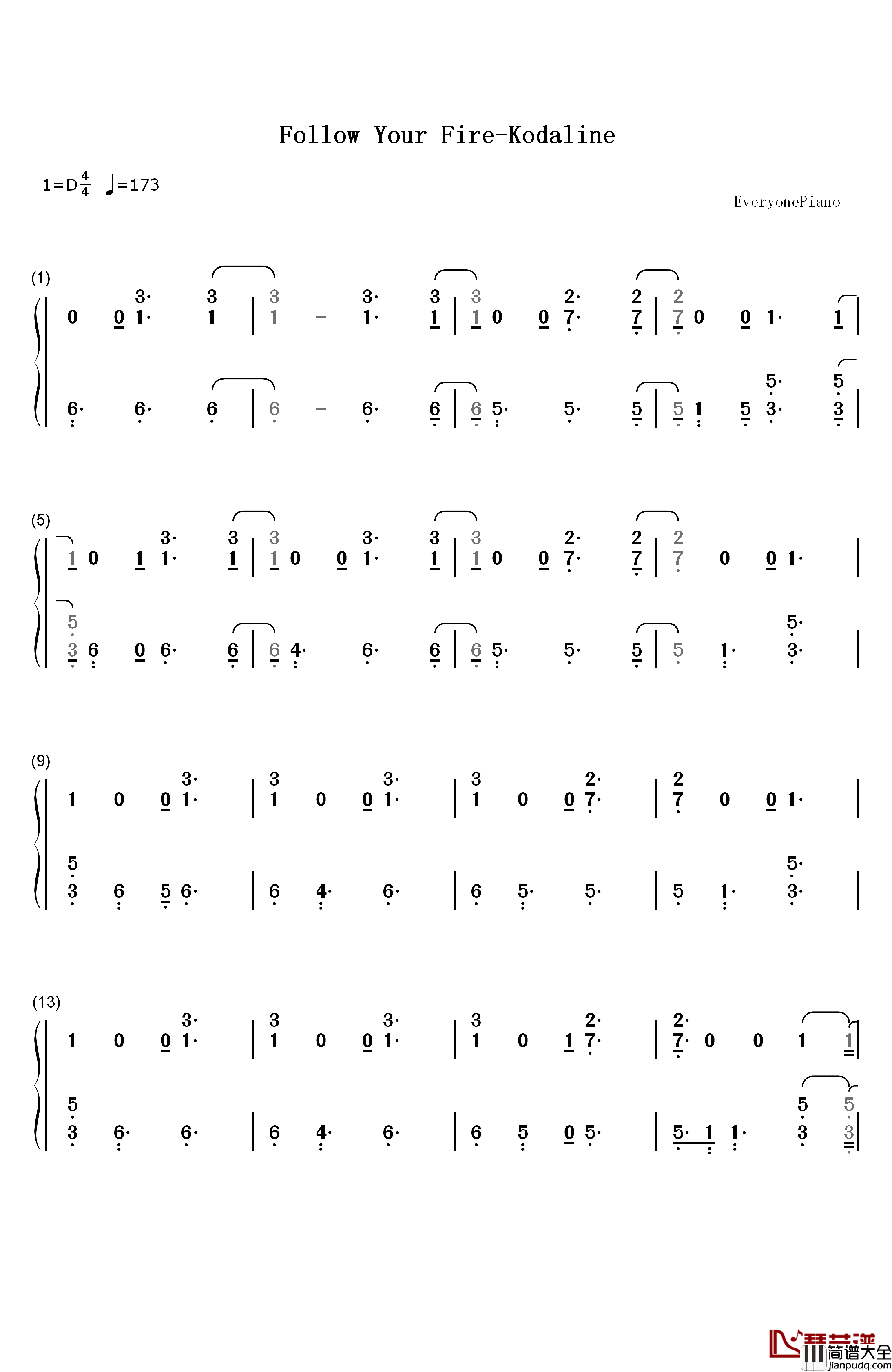Follow_Your_Fire钢琴简谱_数字双手_Kodaline