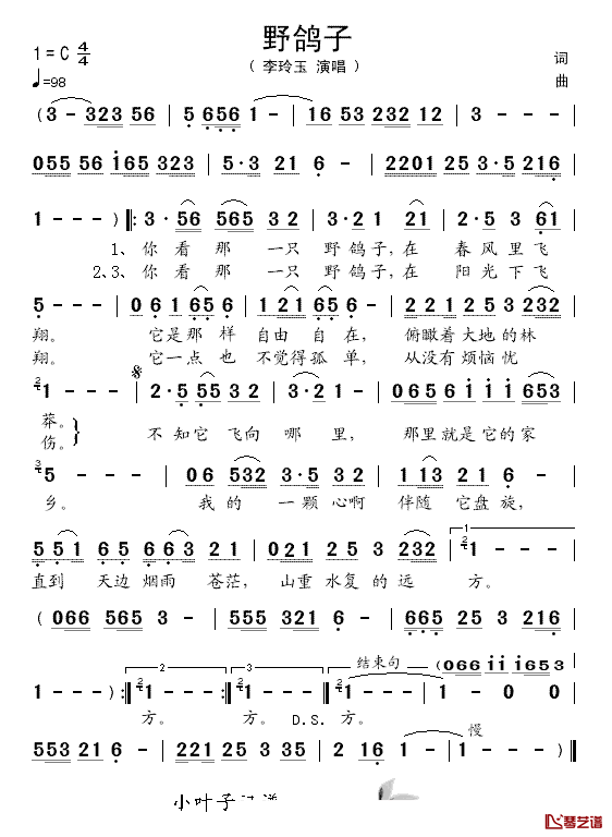 野鸽子简谱_李玲玉演唱