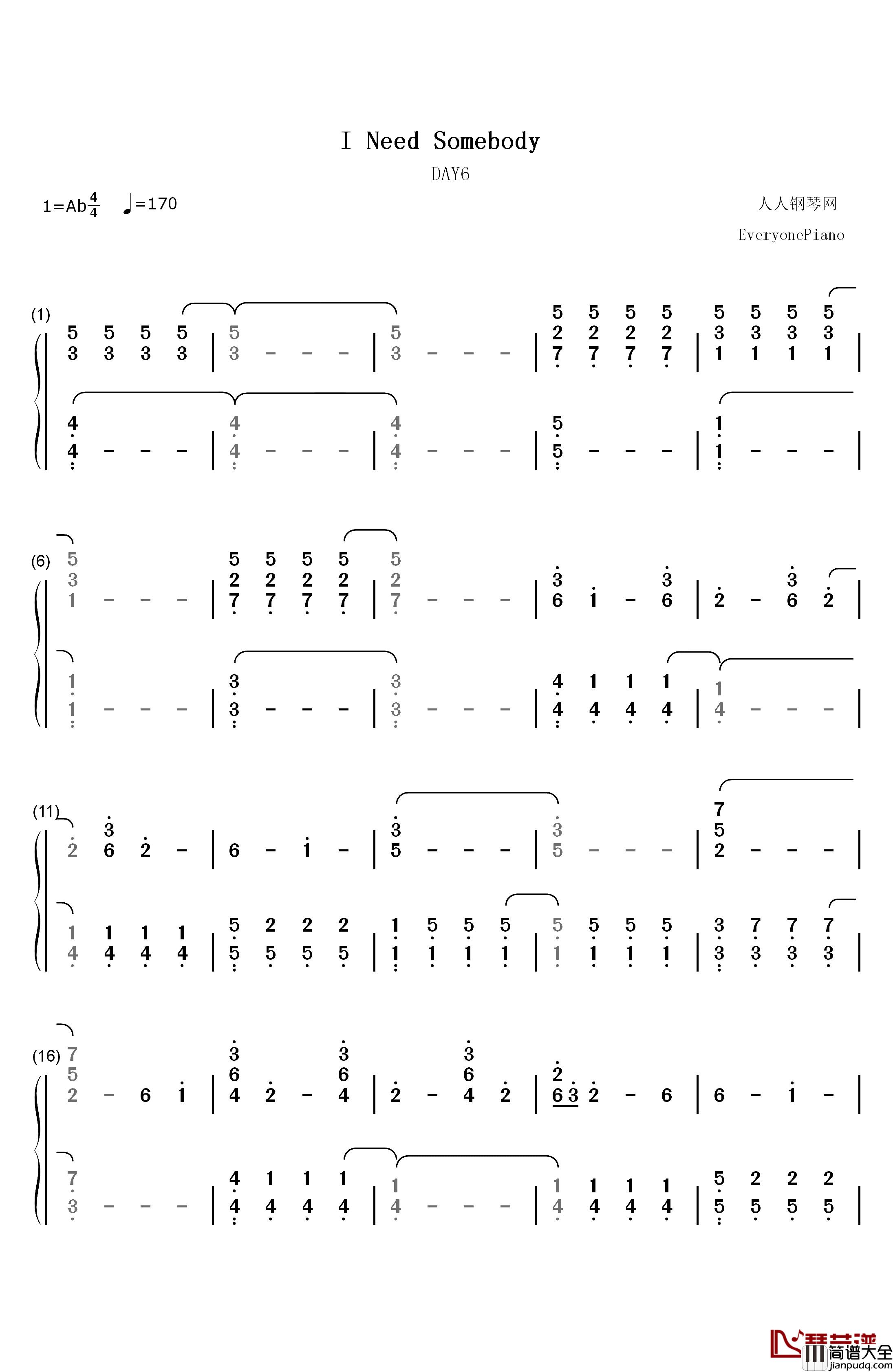 I_Need_Somebody钢琴简谱_数字双手_Day6