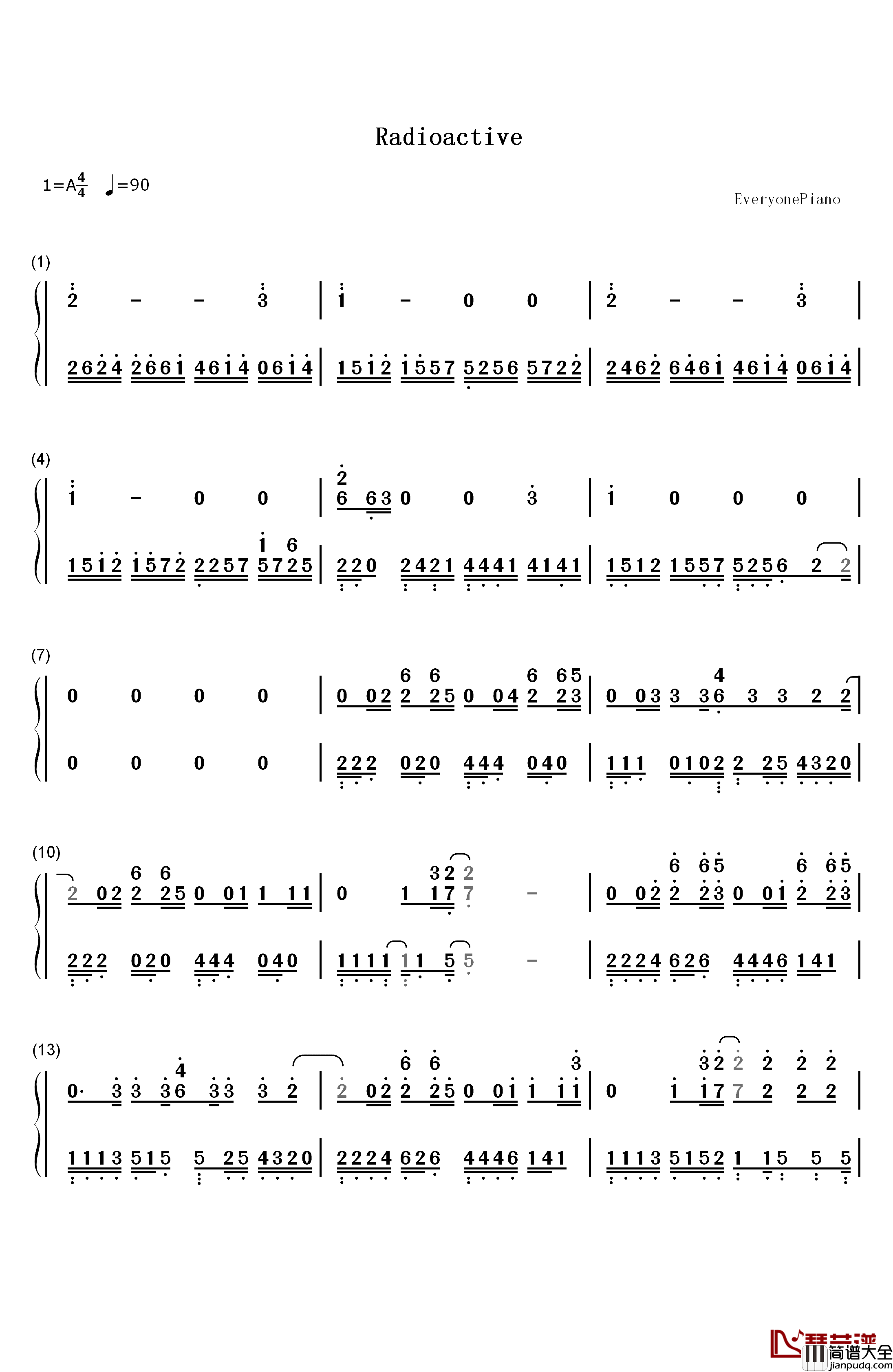 Radioactive钢琴简谱_数字双手_William_Joseph_Imagine_Dragons