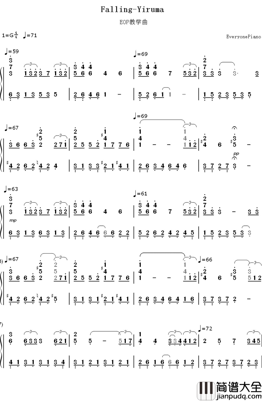 Falling钢琴简谱_数字双手_李闰珉