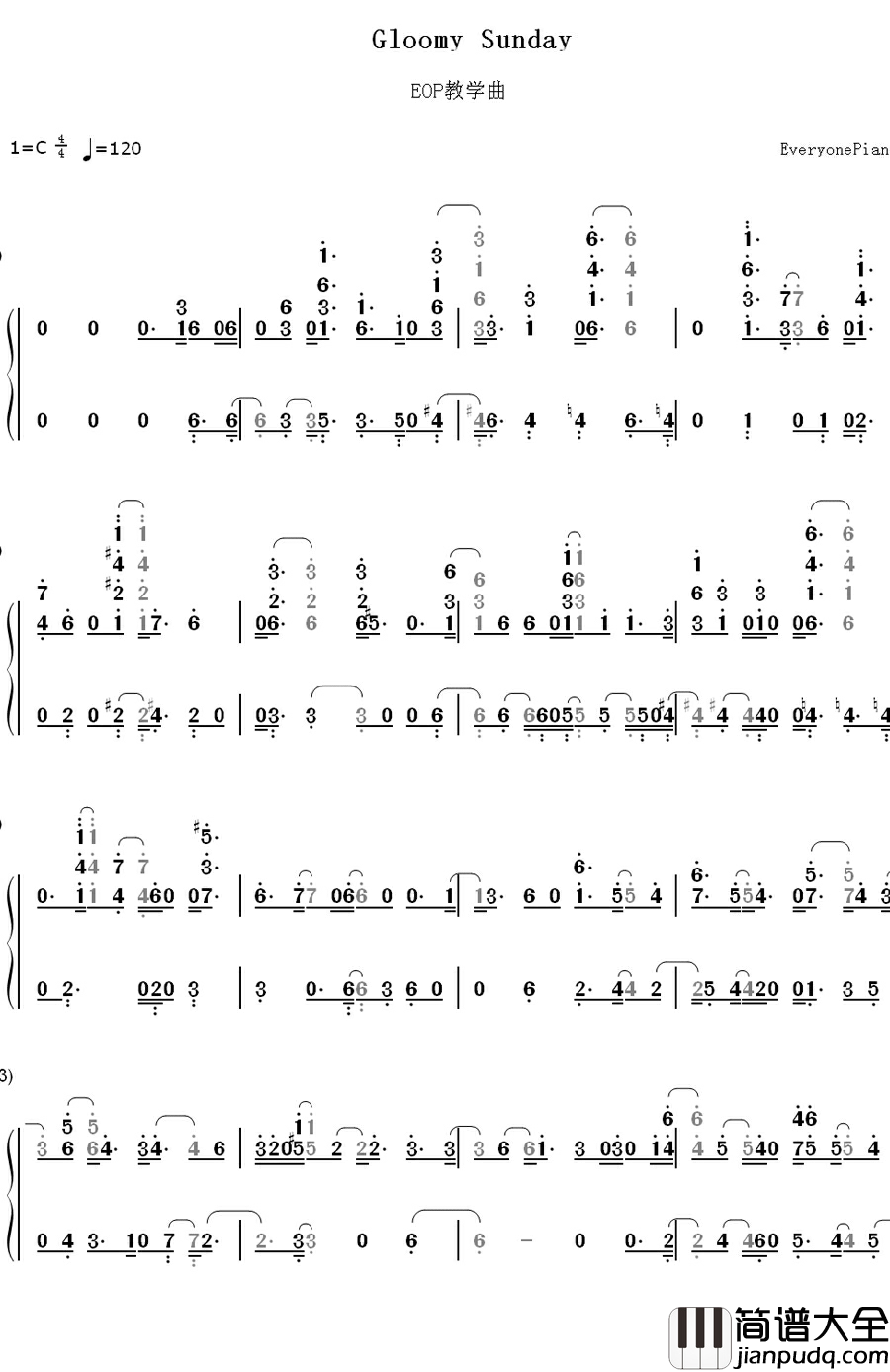 Gloomy_Sunday钢琴简谱_数字双手_Billie_Holiday