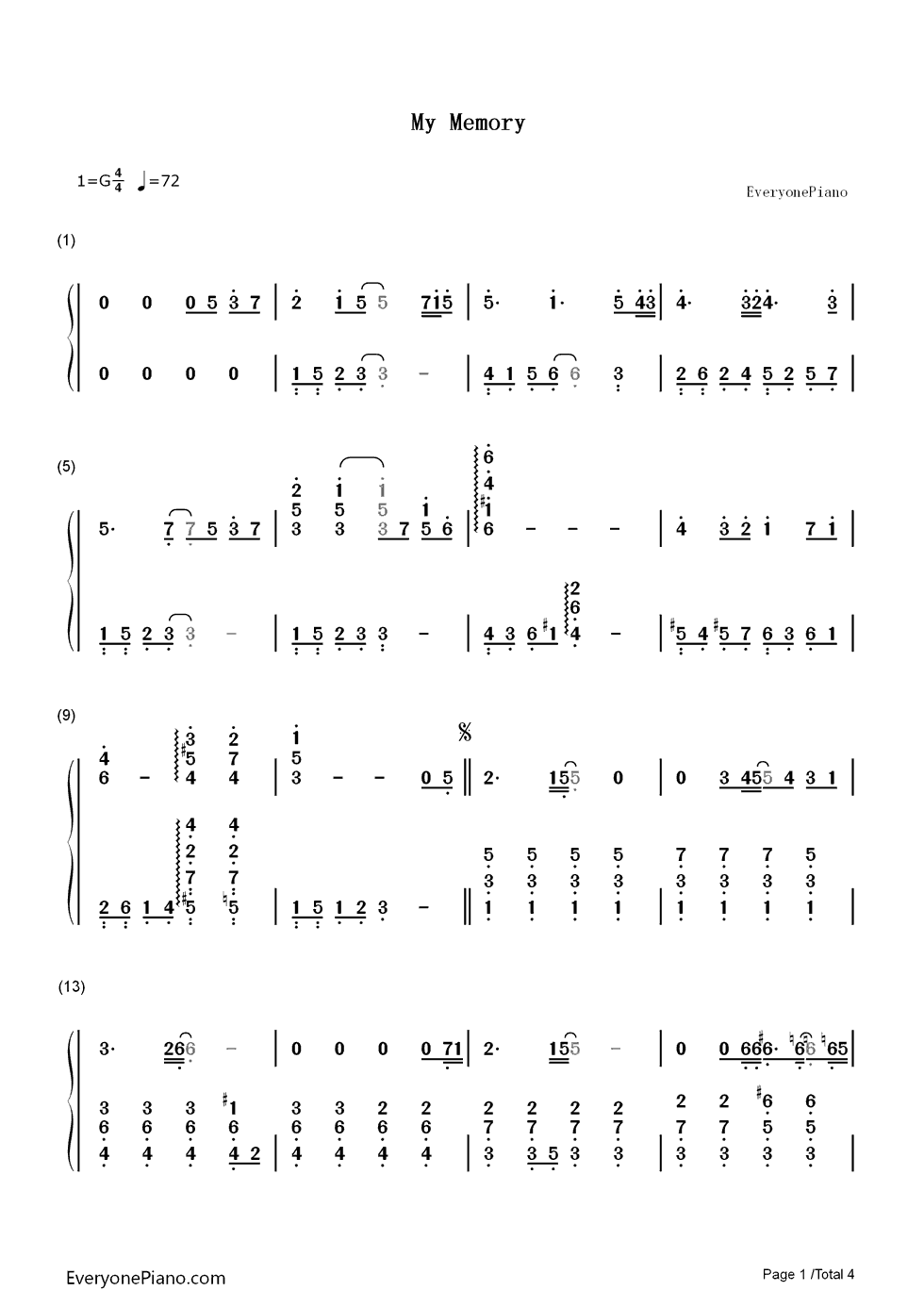 My_Memory钢琴简谱_数字双手_Ryu