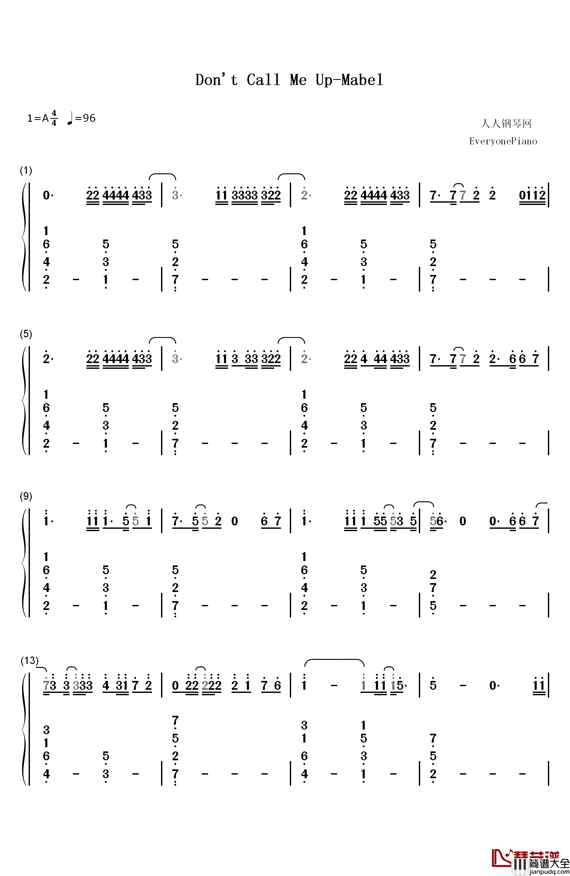 Dont_Call_Me_Up钢琴简谱_数字双手_Mabel