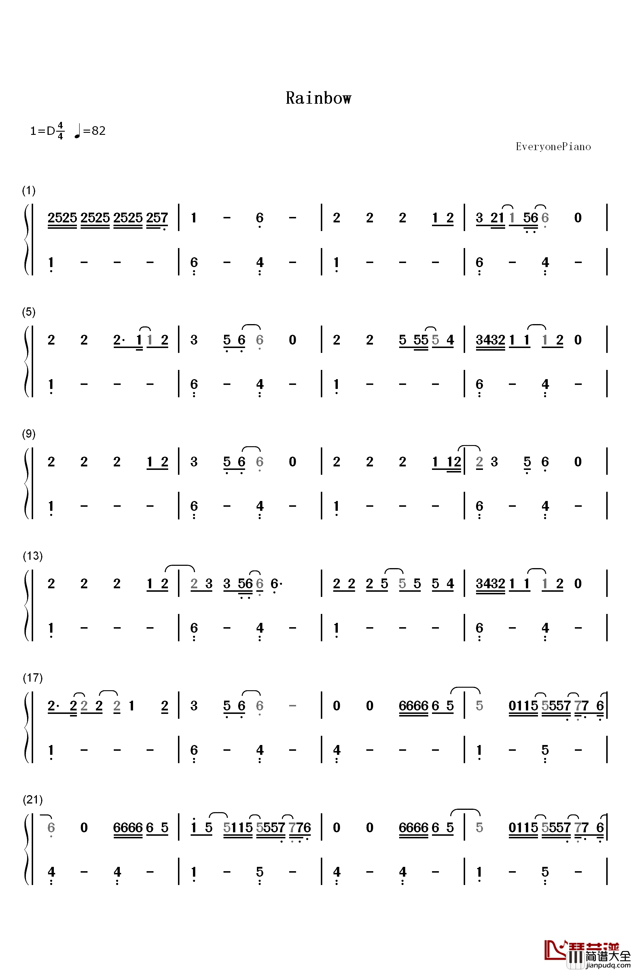 Rainbow钢琴简谱_数字双手_Sia