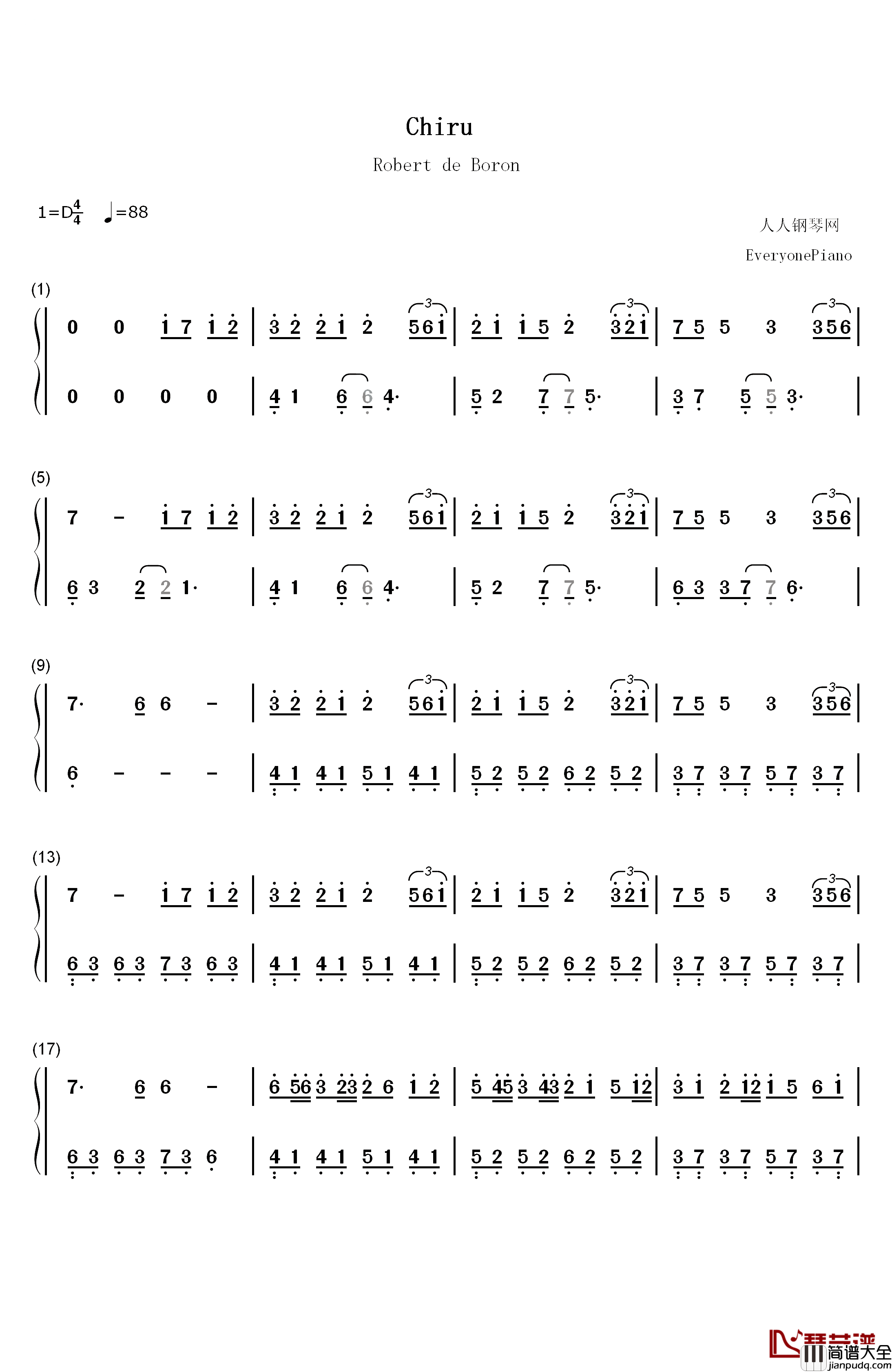 Chiru钢琴简谱_数字双手_Robert_de_Boron