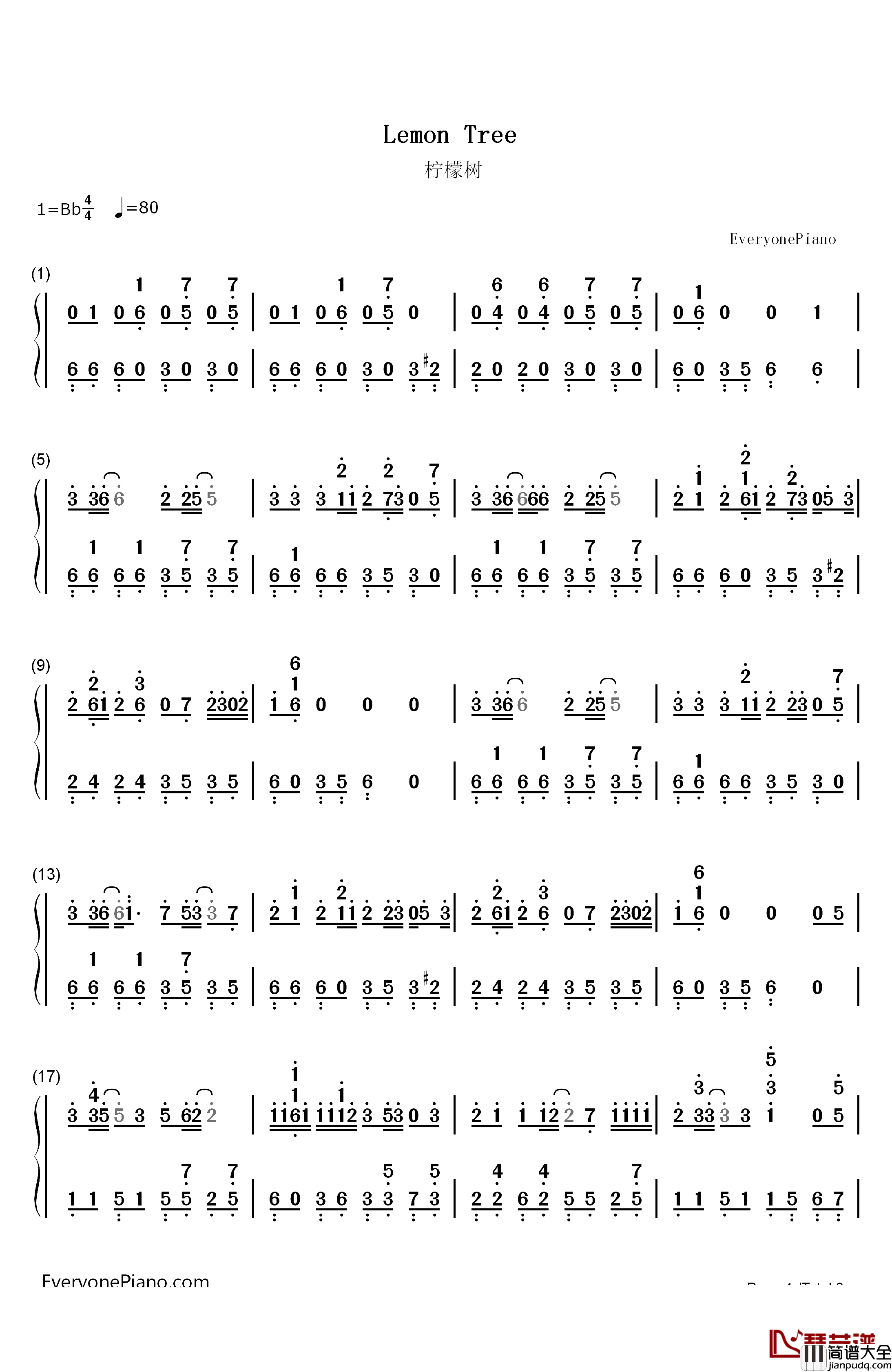 柠檬树钢琴简谱_数字双手_苏慧伦