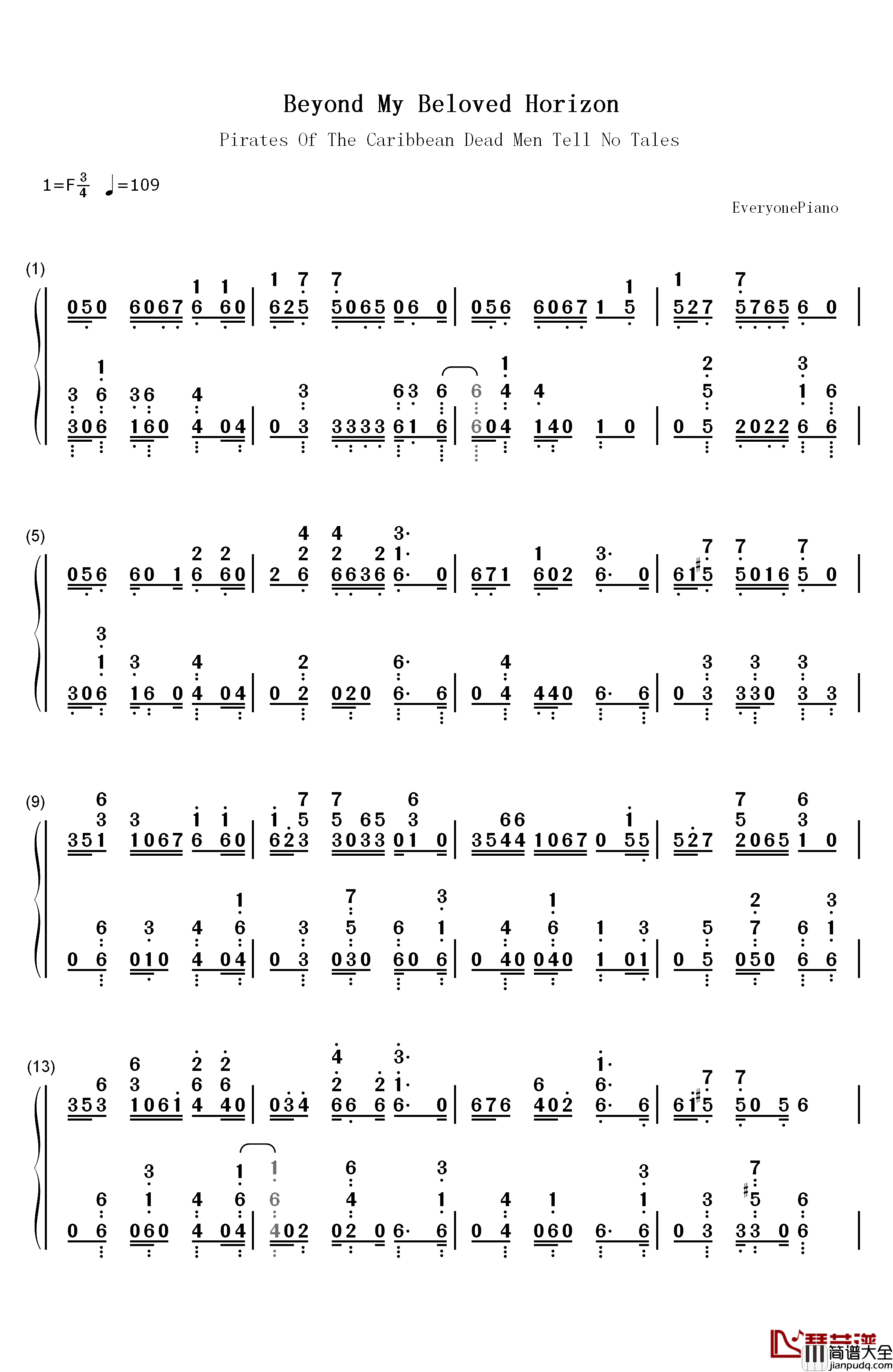 Beyond_My_Beloved_Horizon钢琴简谱_数字双手_Hans_Zimmer&Klaus_Badelt