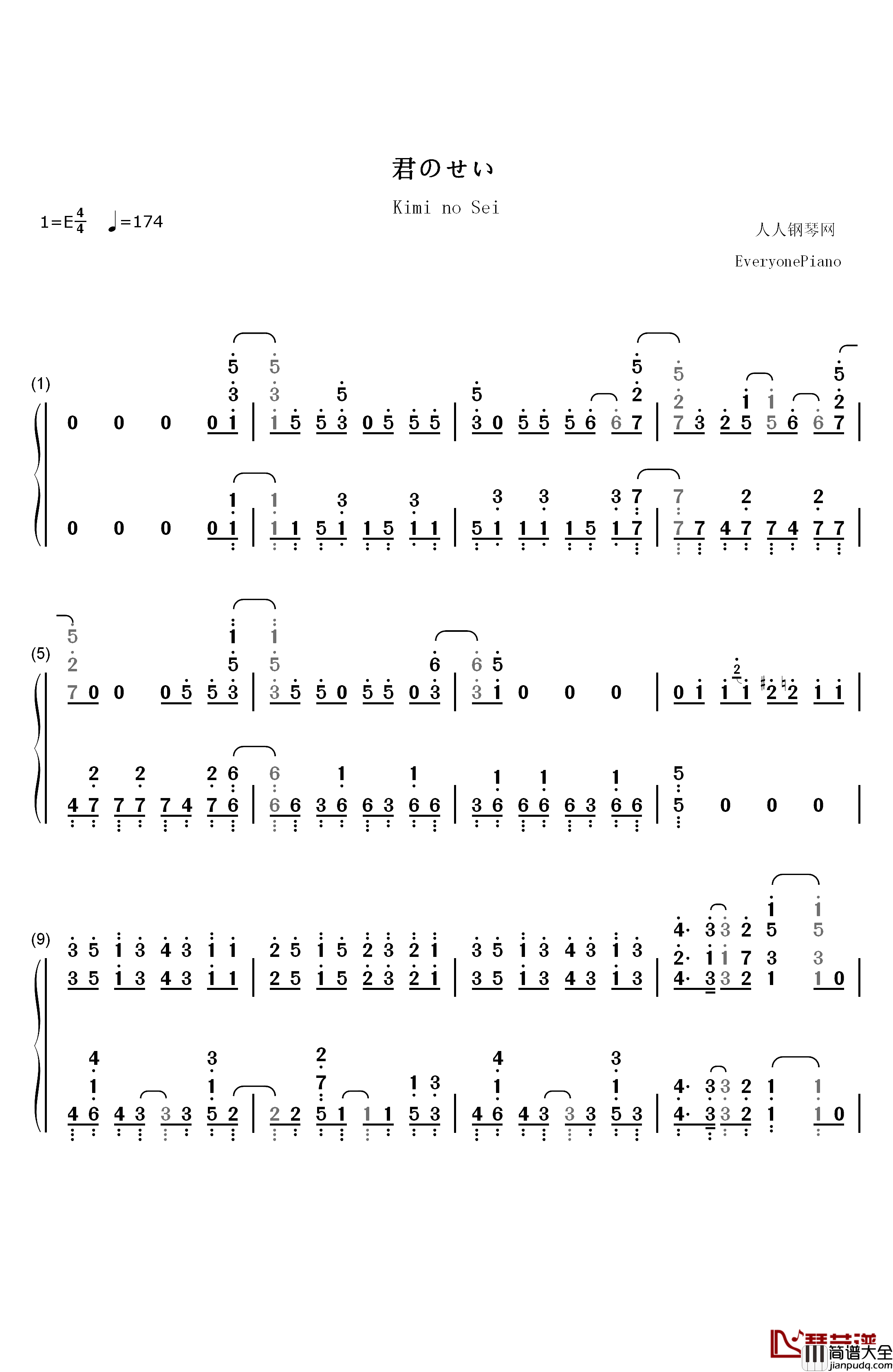 君のせい钢琴简谱_数字双手_The_Peggies