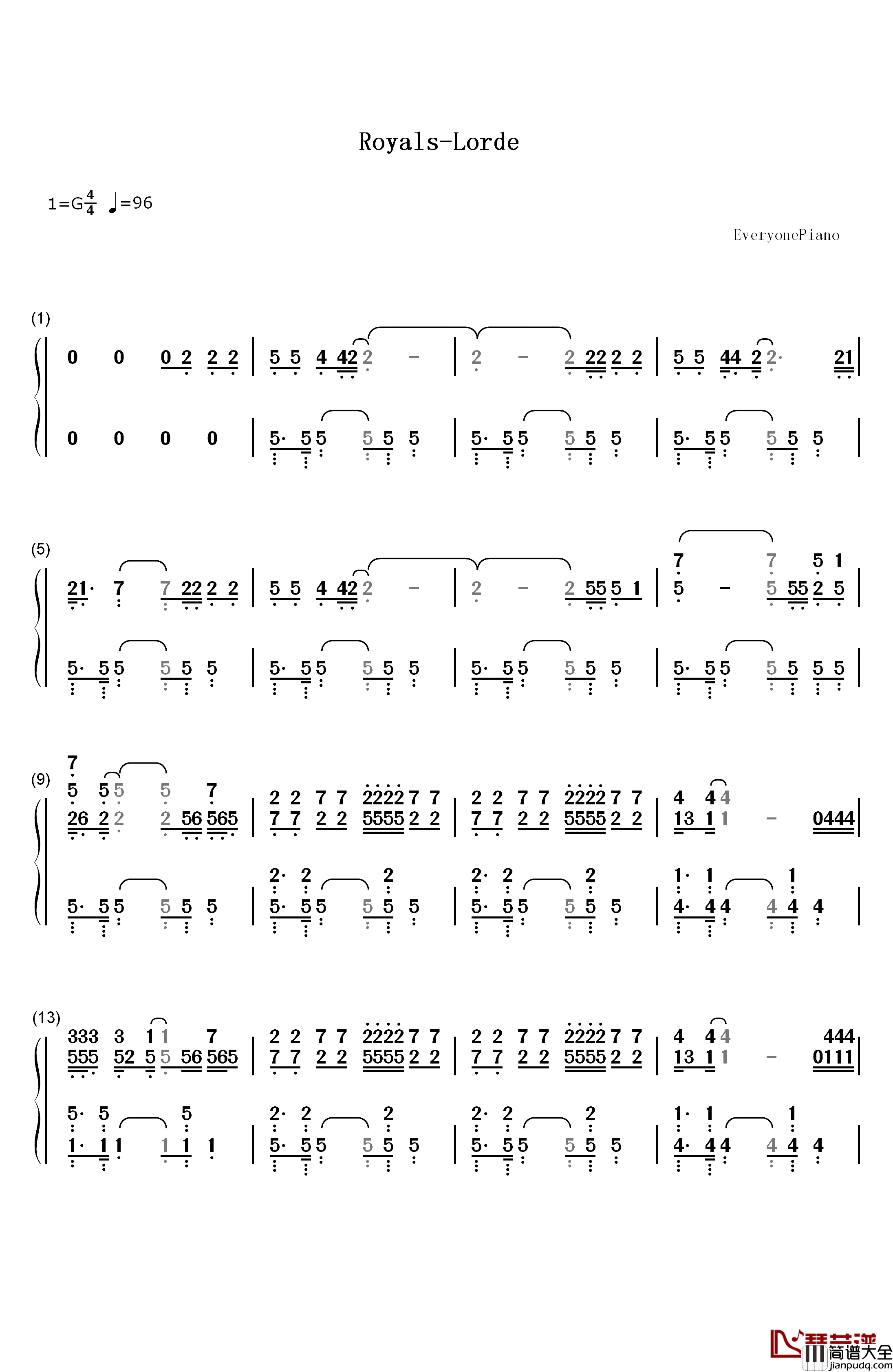 Royals钢琴简谱_数字双手_Lorde