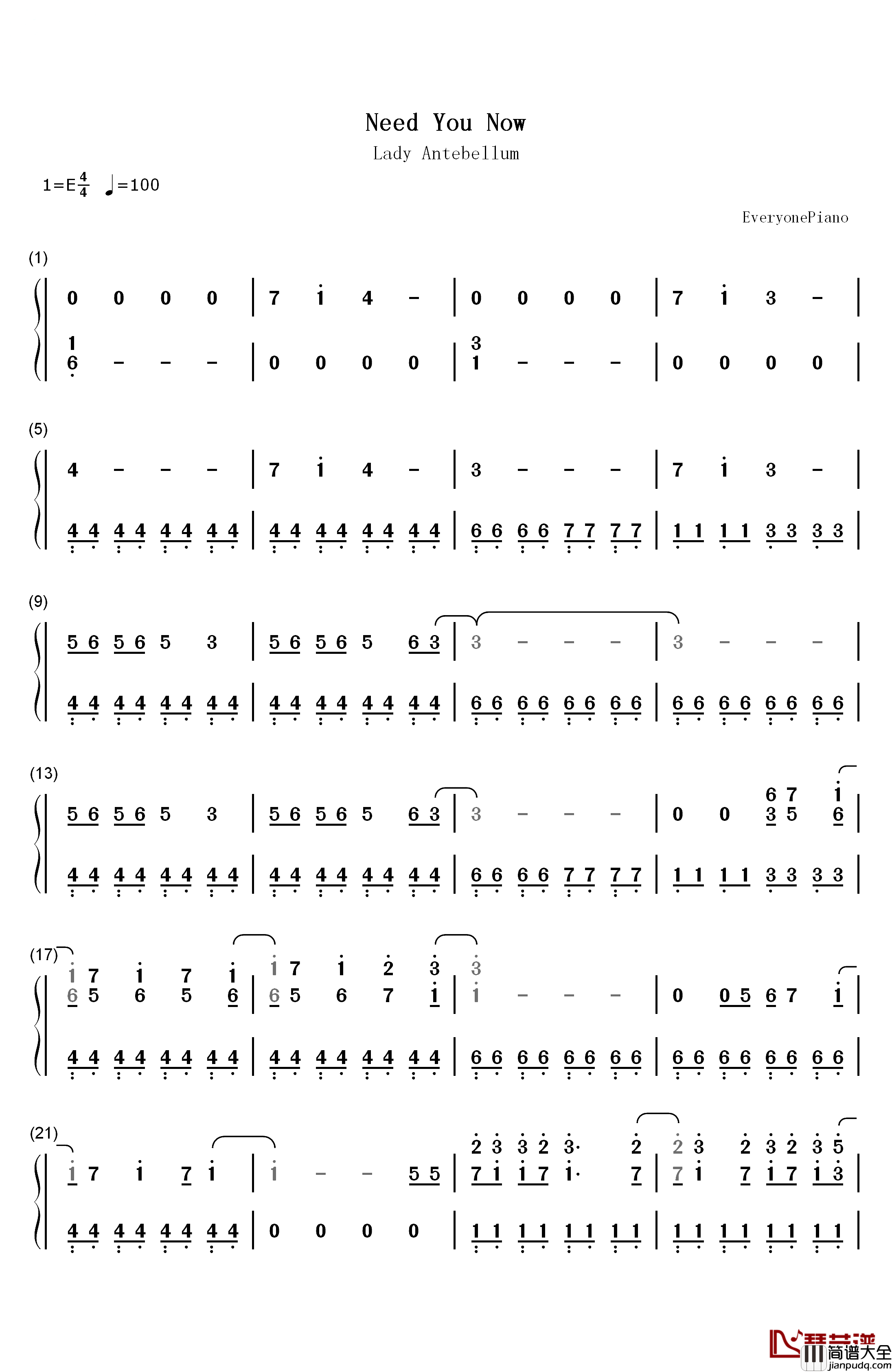 Need_You_Now钢琴简谱_数字双手_Lady_Antebellum