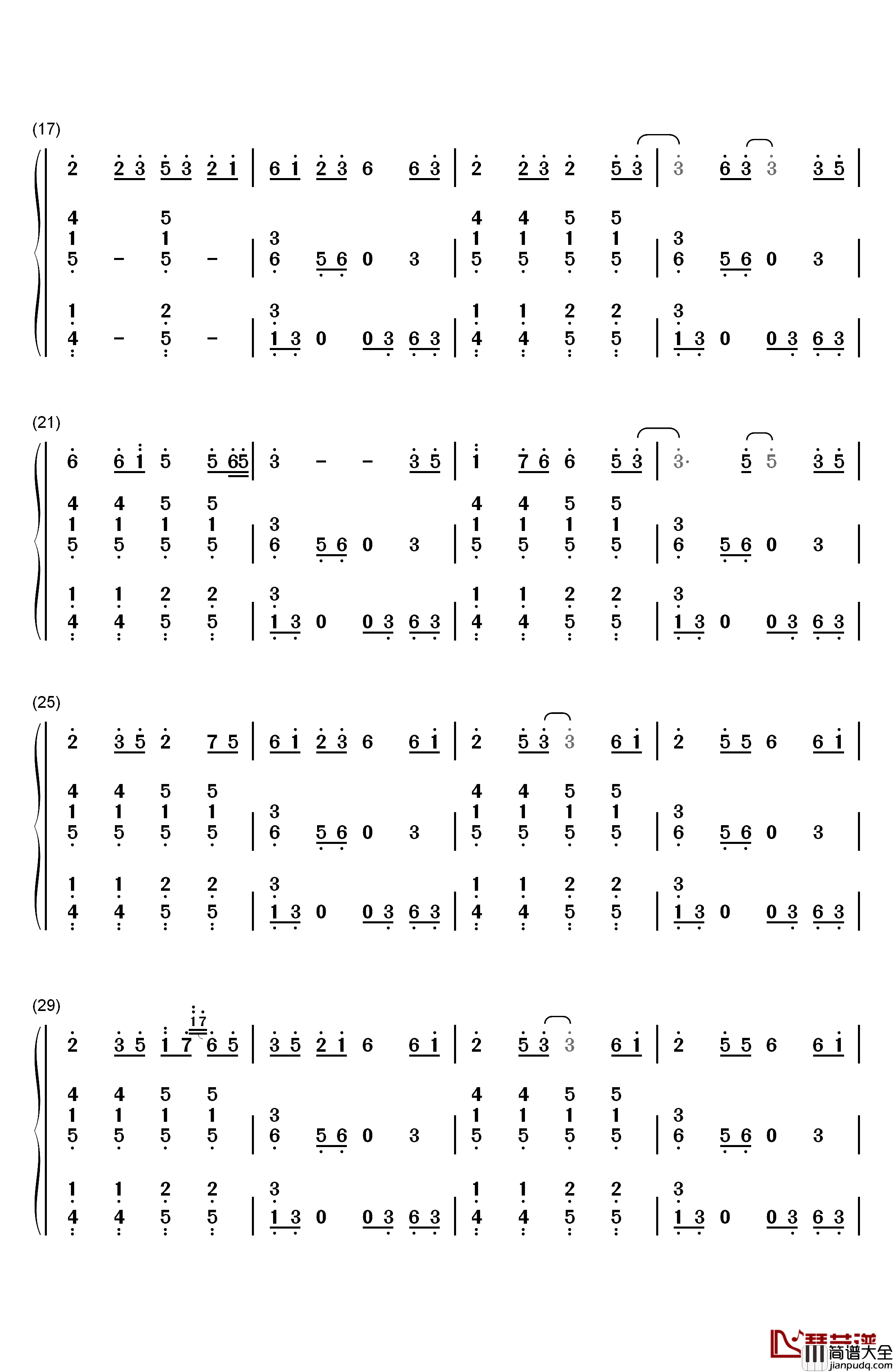 采薇钢琴简谱_数字双手_HITA