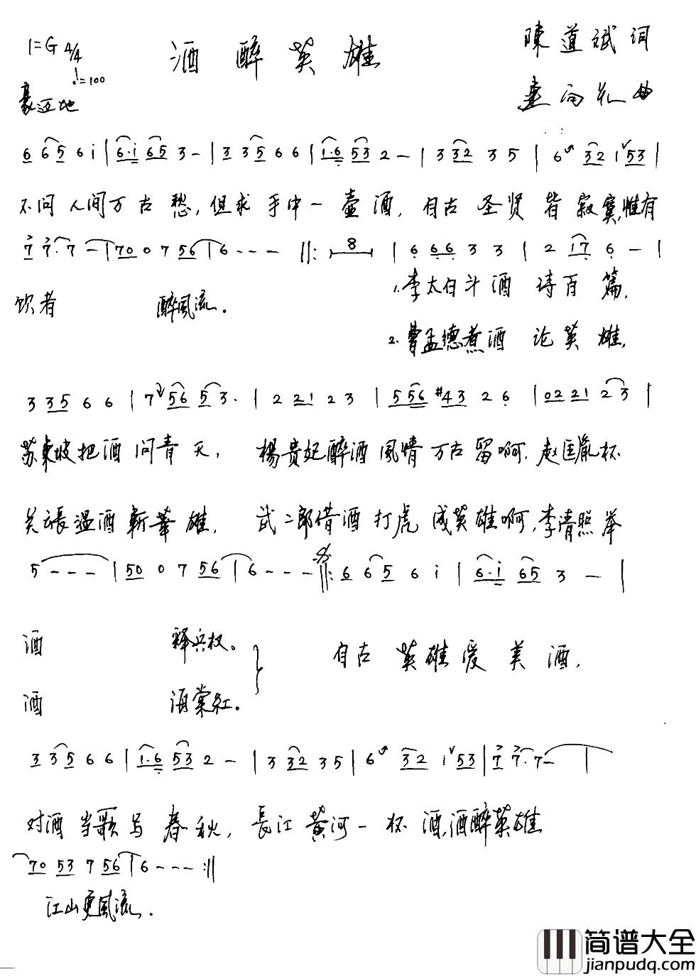 酒醉英雄简谱_陈道斌词/连向先曲