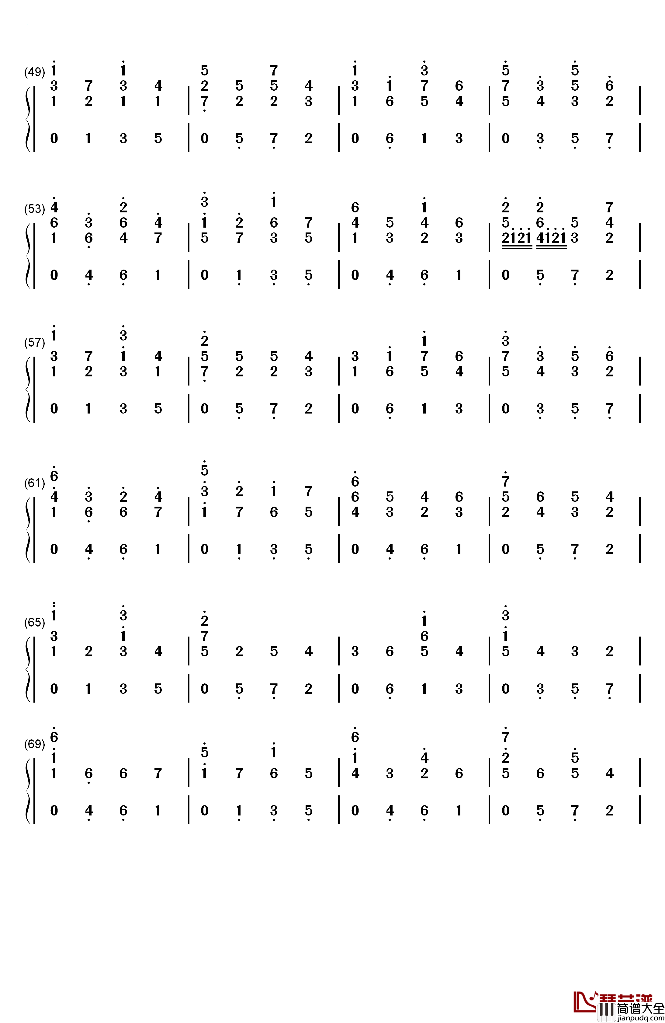 D大调卡农原版钢琴简谱_数字双手_约翰·帕赫贝尔