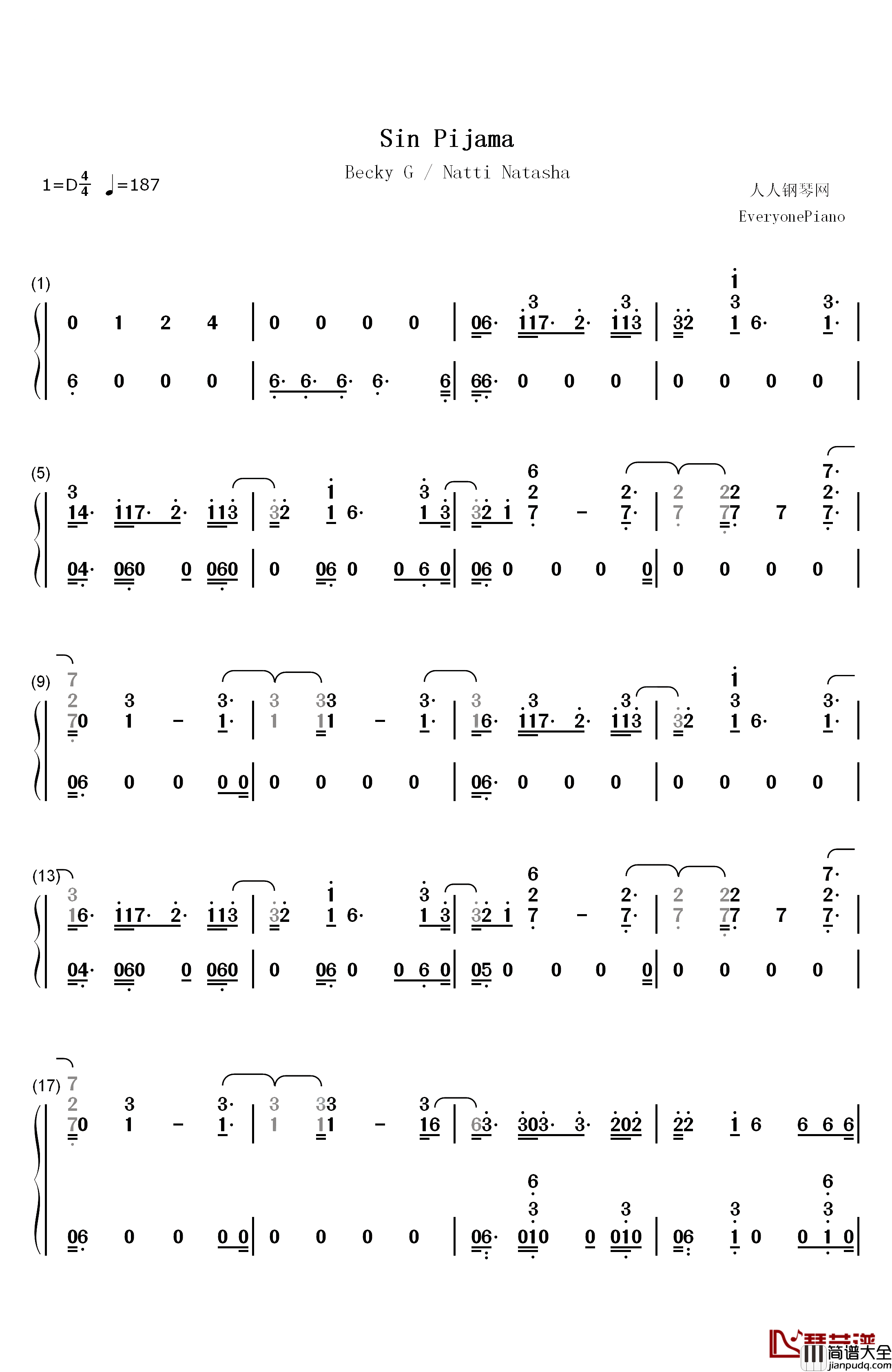 Sin_Pijama钢琴简谱_数字双手_Becky_G_Natti_Natasha