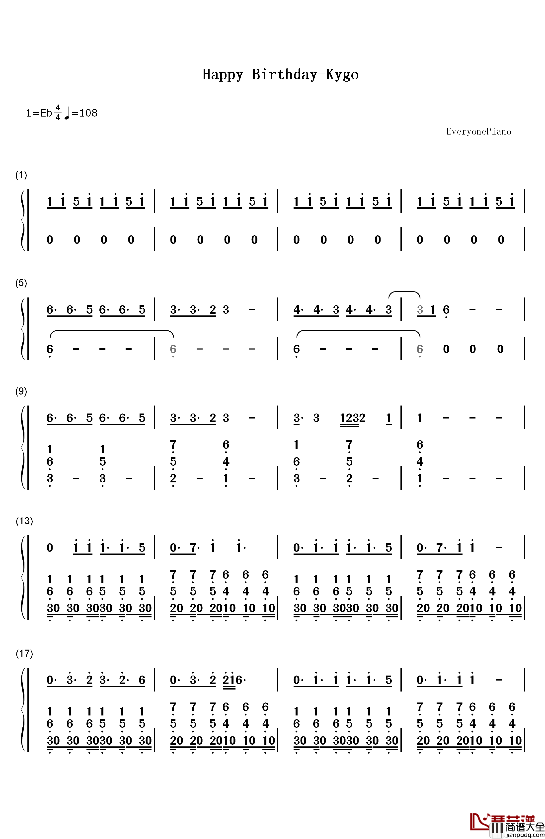 Happy_Birthday钢琴简谱_数字双手_Kygo