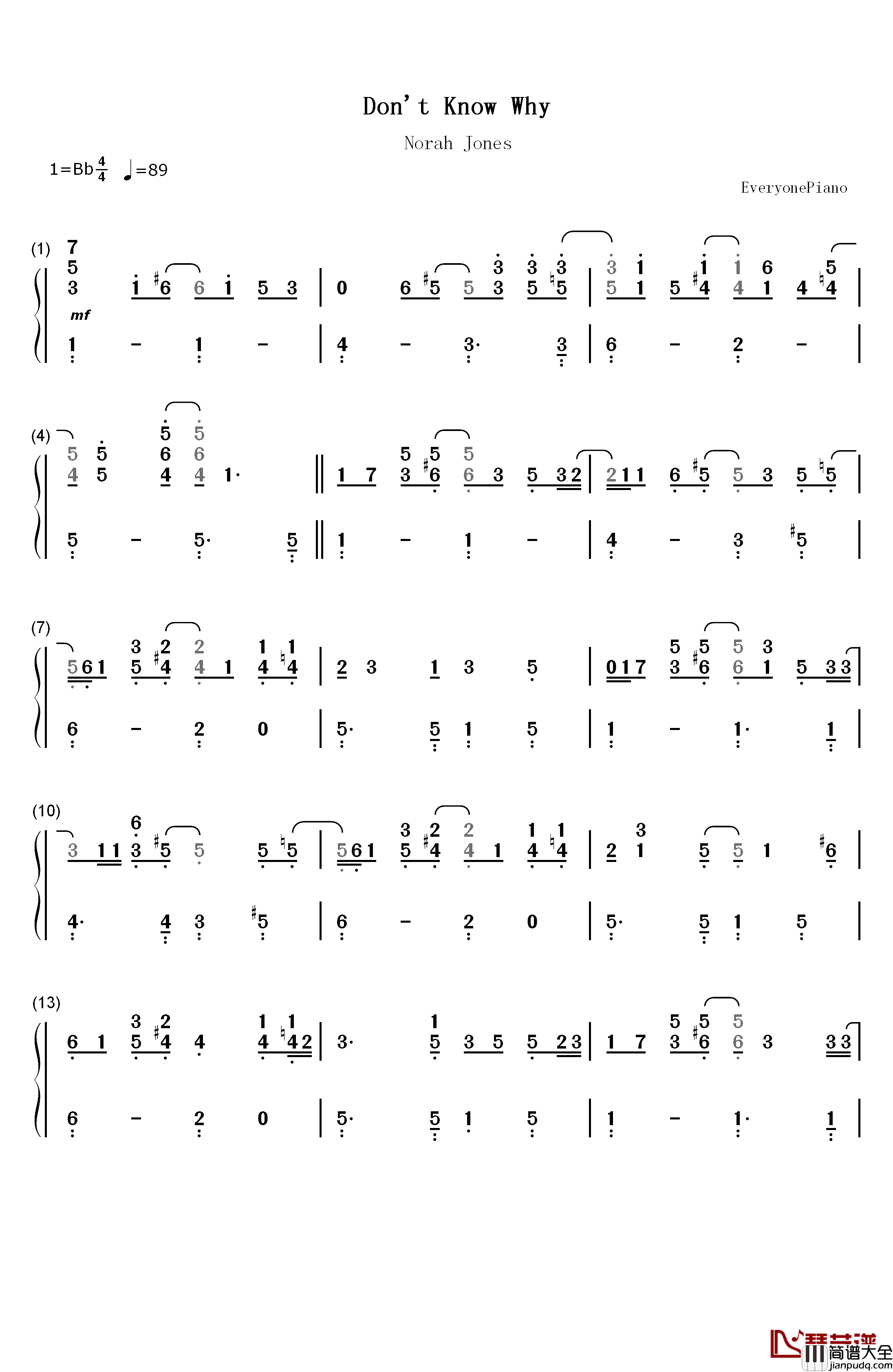 Don't_Know_Why钢琴简谱_数字双手_Norah_Jones　_诺拉·琼斯　