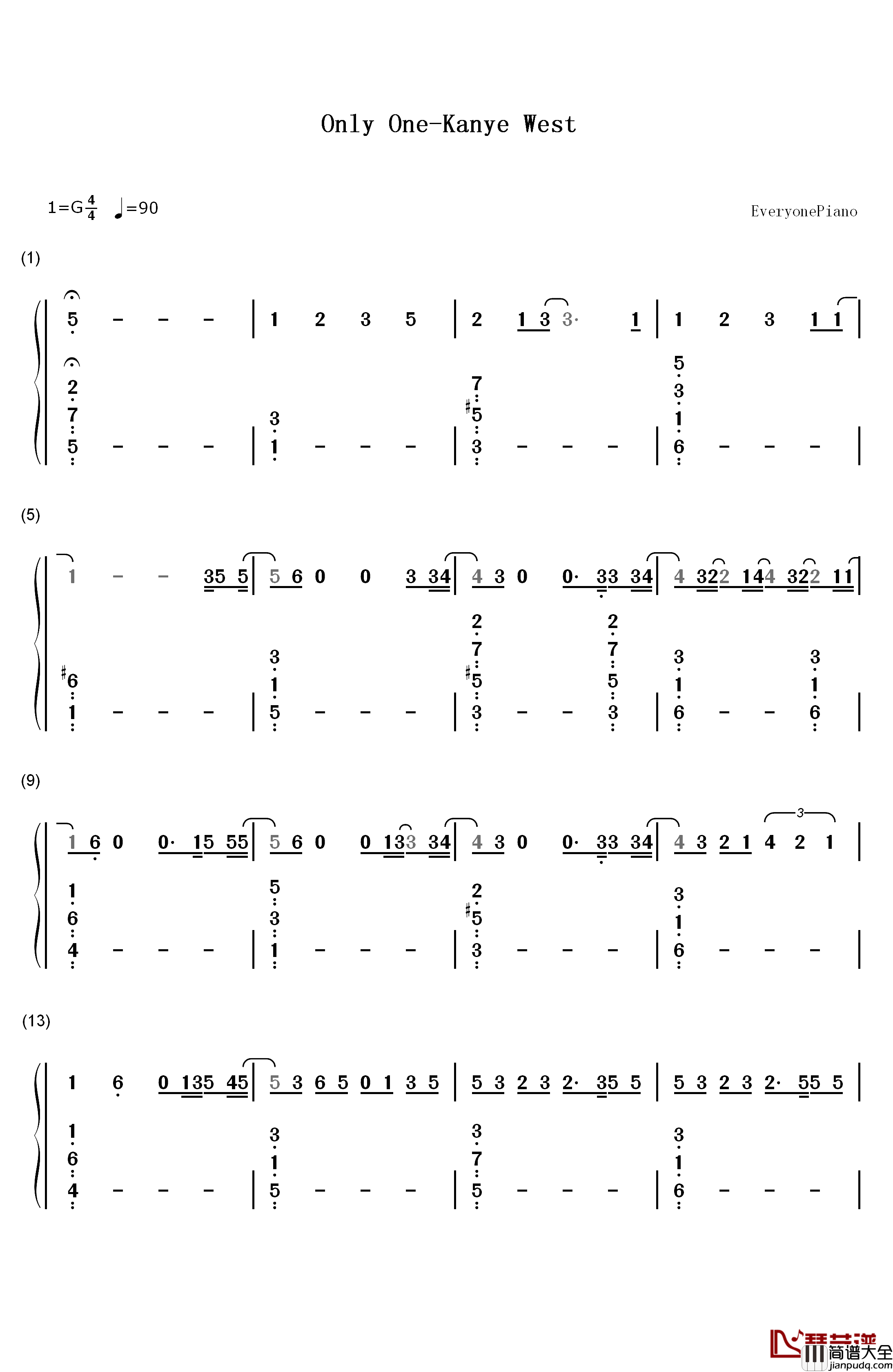 Only_One钢琴简谱_数字双手_Kanye_West