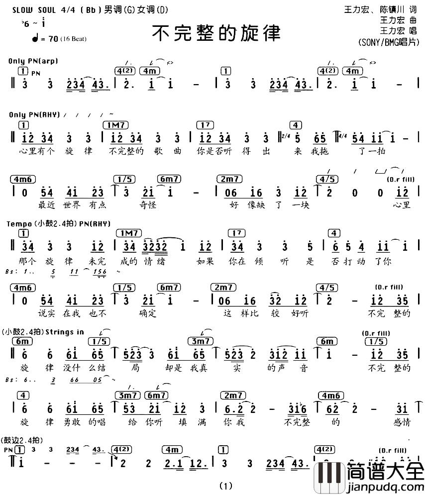 不完整的旋律简谱_编配乐谱王力宏_