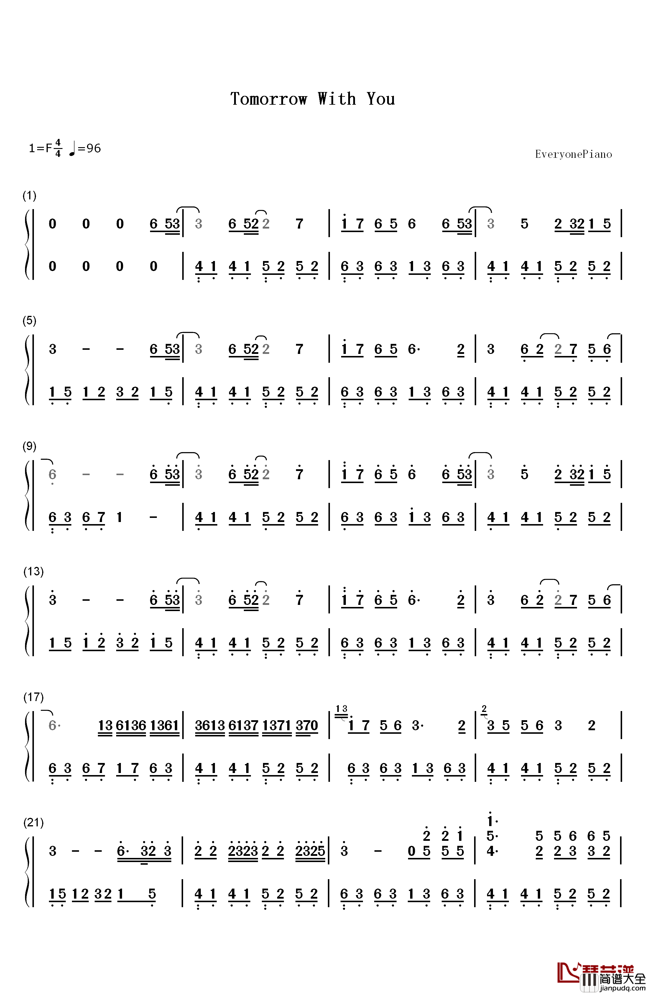 Tomorrow_With_You钢琴简谱_数字双手_Senpai_Kondor